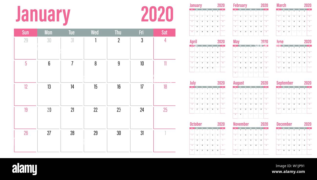 Calendar planner 2020 template vector illustration all 12 months week ...