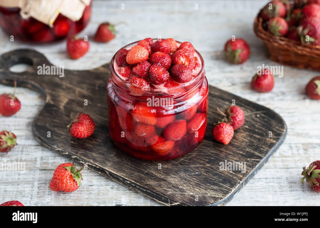 Homemade preserves of fresh organic strawberries in a glass jar Stock ...