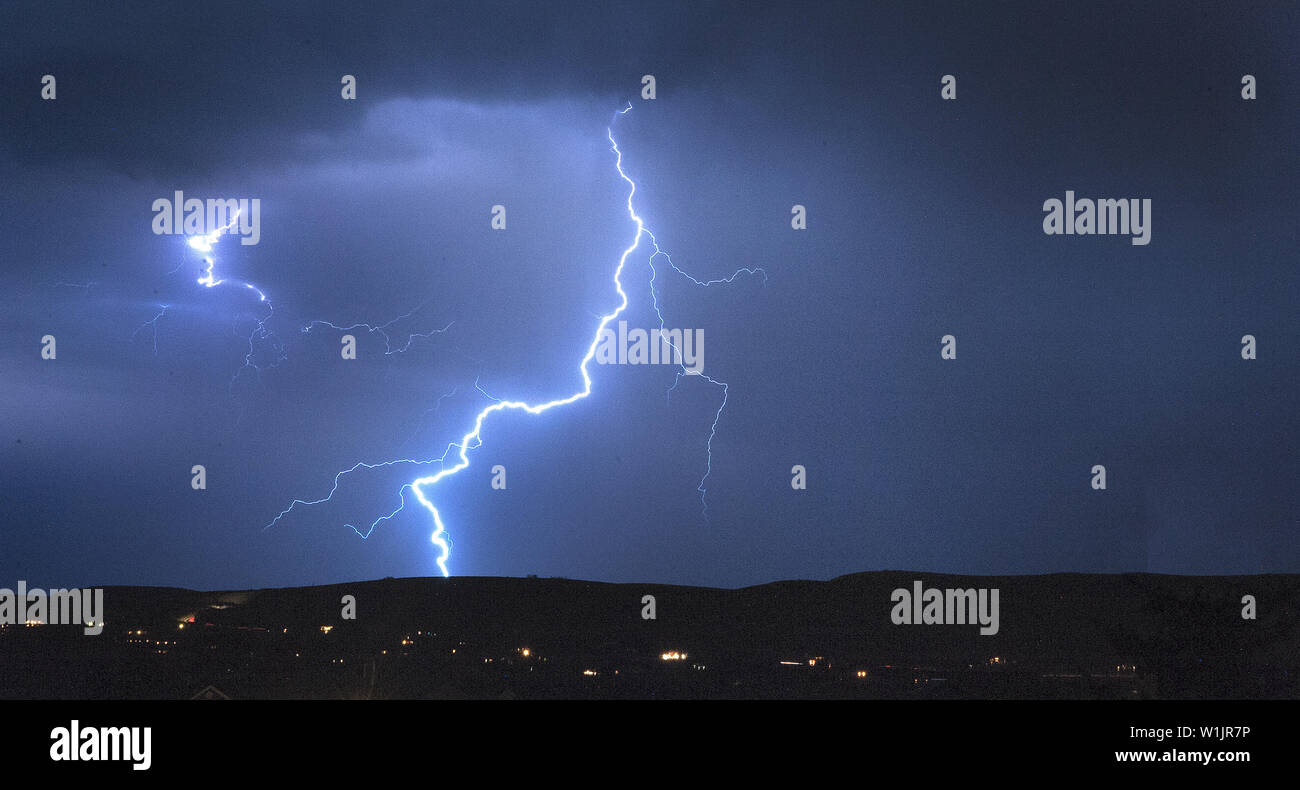 Lightning crackles from a night thunderstorm over Promontory outside Park City, Utah. (c) 2014 Stock Photo