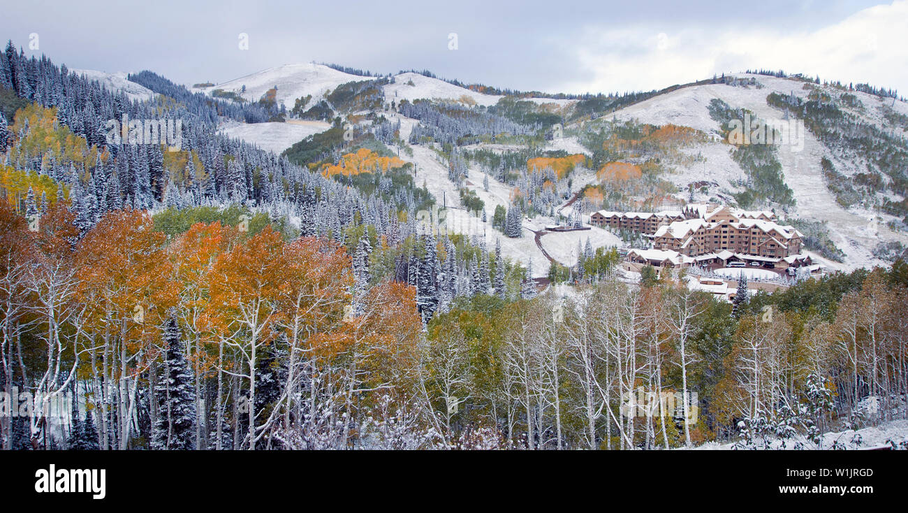 Late September snowfall blankets the fall landscape in around The Montage in Empire Pass at Deer Valley, high above Park City, Utah. (c) 2013 Tom Kell Stock Photo
