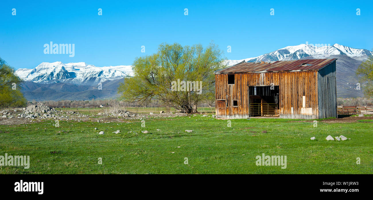 First rays of spring light bathe Mt. Timpanogos behind an old barn near Midway, Utah in rural Wasatch County. (c) 2012 Tom Kelly Stock Photo