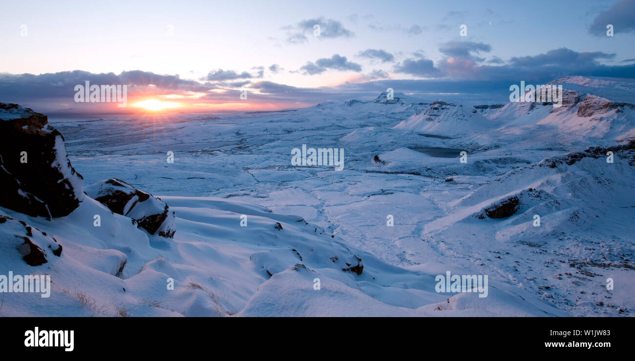 Winter sunrise at the Quiraing, Isle of Skye Stock Photo
