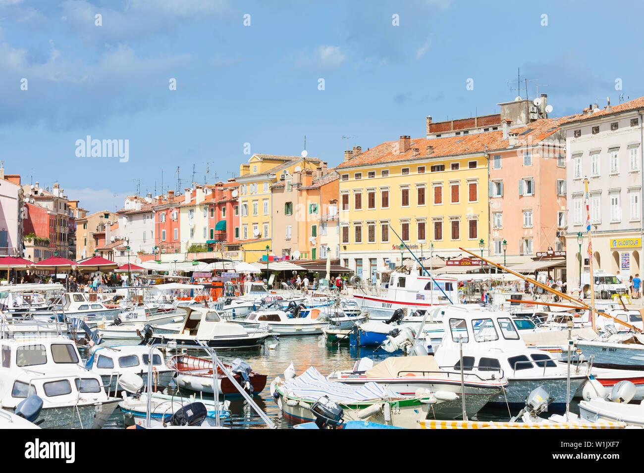 Rovinj, Croatia, Europe - SEPTEMBER 2, 2017 - Numerous motorboats at the harbour of Rovinj Stock Photo