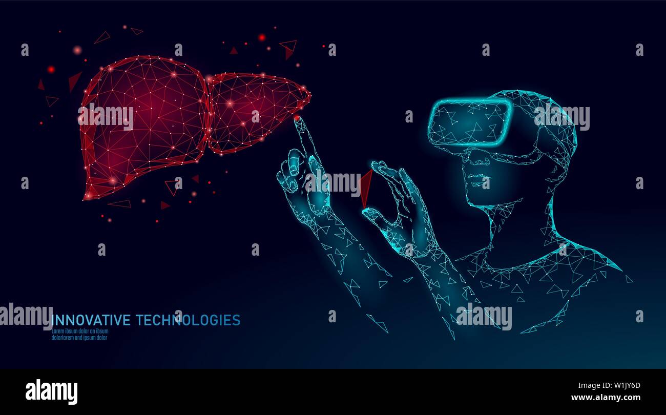 Male modern doctor operate human liver. Virtual reality assistance