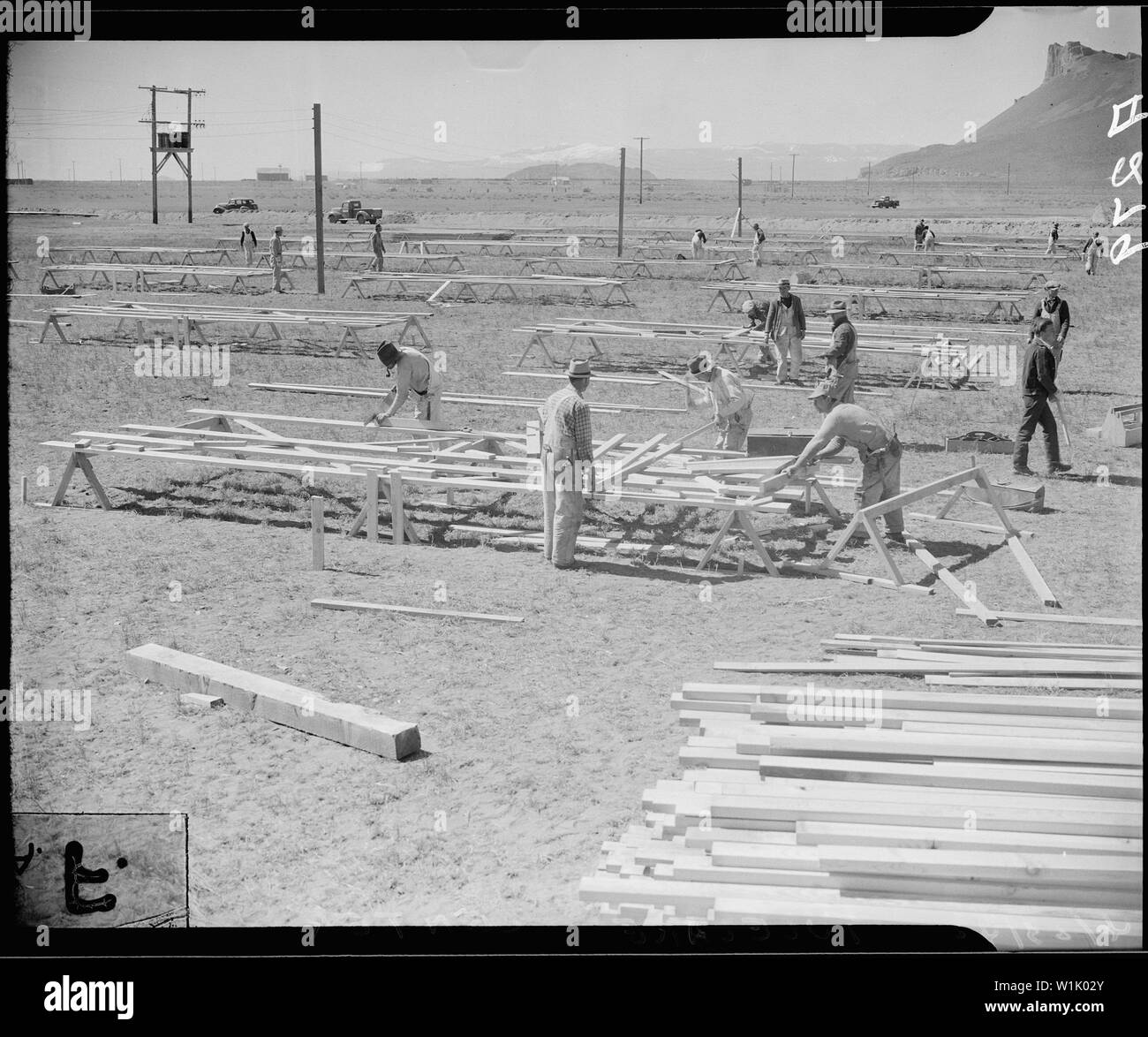 Tule Lake Relocation Center, Newell, California. Construction begins on War Relocation Authority ce . . .; Scope and content:  The full caption for this photograph reads: Tule Lake Relocation Center, Newell, California. Construction begins on War Relocation Authority center for evacuees of Japanese ancestry near Tule Lake in Modoc County, California, south of the Oregon border. Stock Photo
