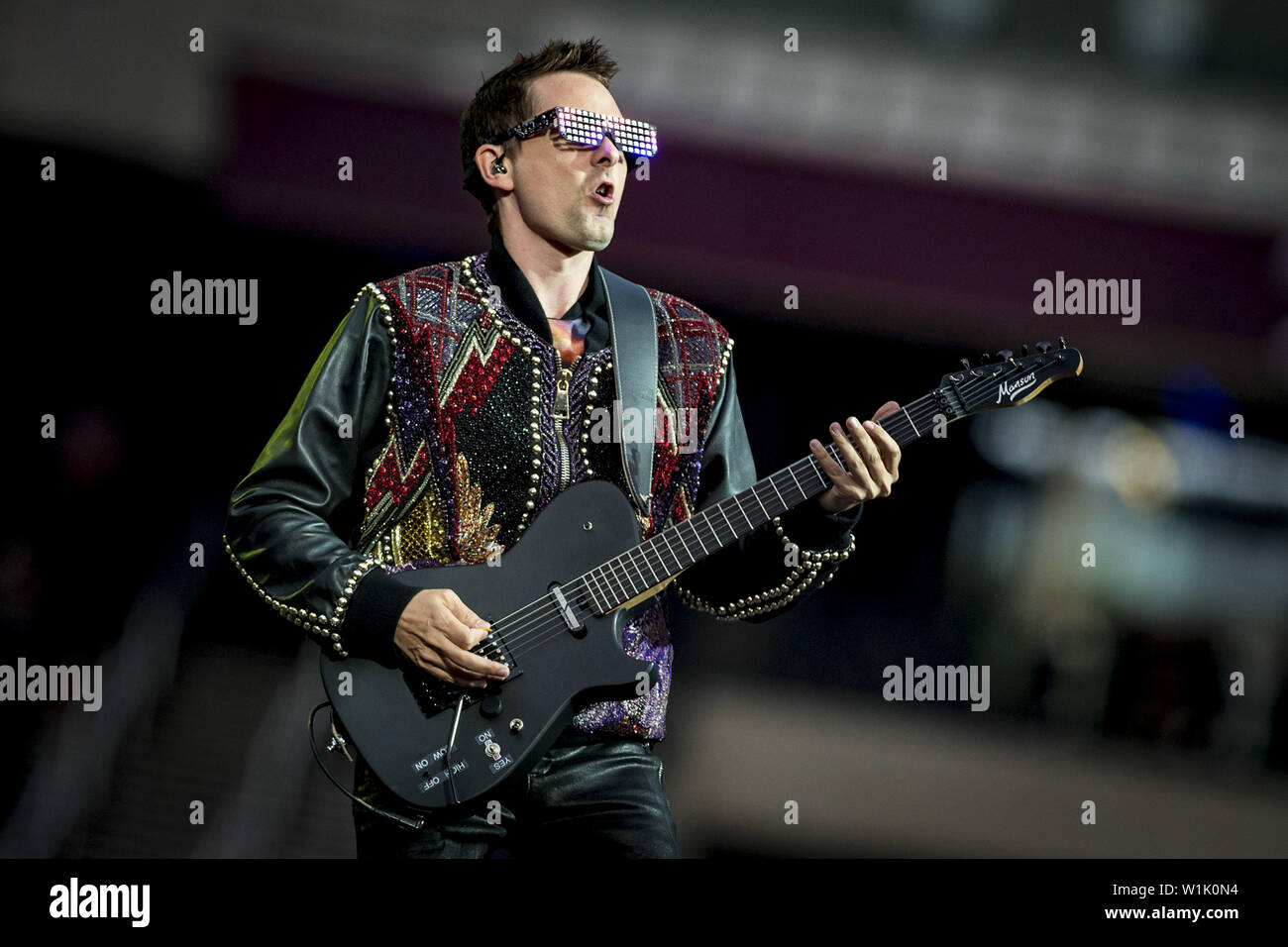 LONDON, ENGLAND: Muse perform on the opening night of their Simulation  Theory UK tour at the London Stadium. Featuring: Matt Bellamy Where: London,  United Kingdom When: 01 Jun 2019 Credit: Neil Lupin/WENN