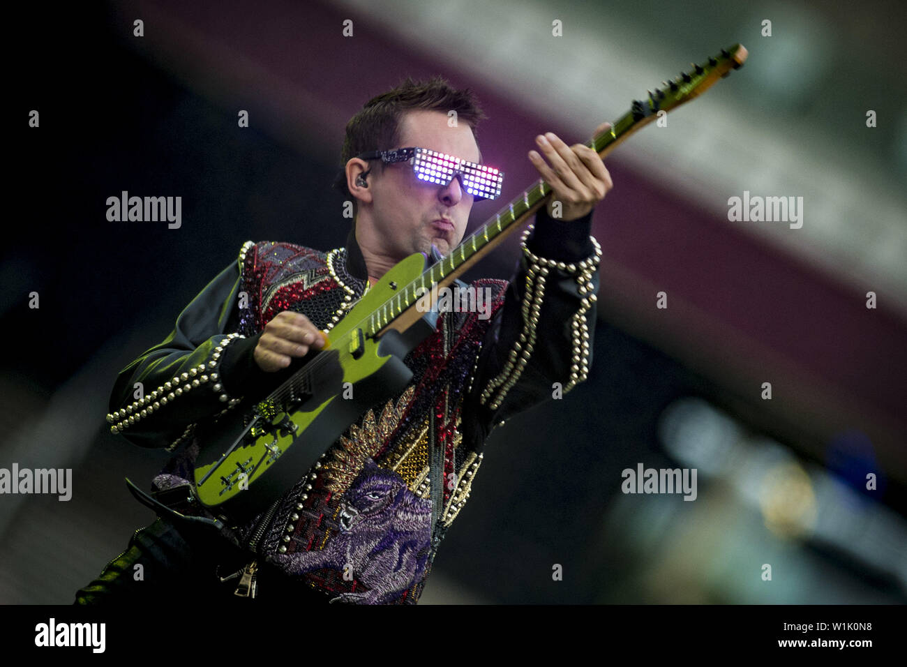 LONDON, ENGLAND: Muse perform on the opening night of their Simulation Theory UK tour at the London Stadium. Featuring: Matt Bellamy Where: London, United Kingdom When: 01 Jun 2019 Credit: Neil Lupin/WENN Stock Photo