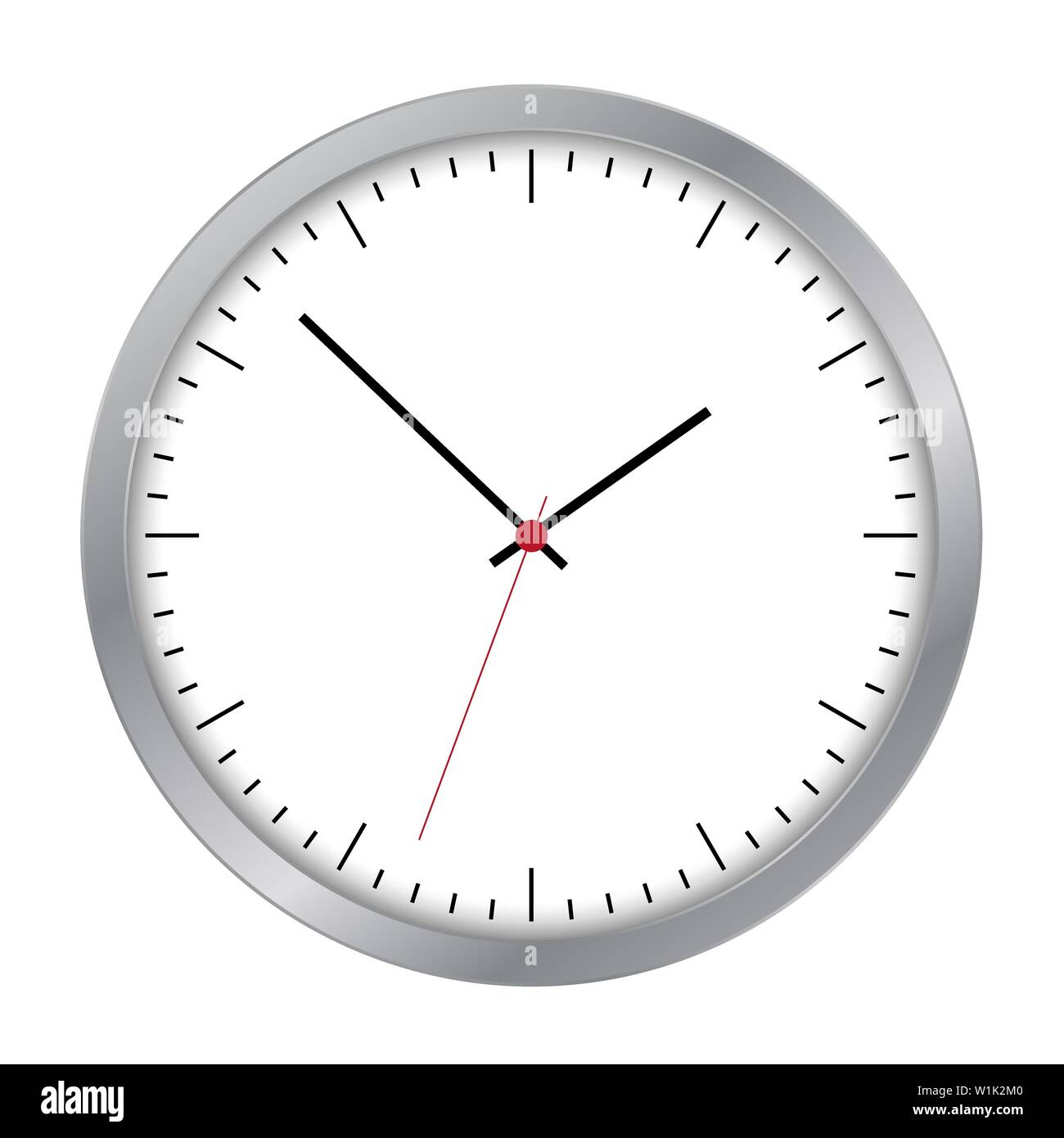Simple illustration of clock face with minute, hour and second hand and red center with numbers