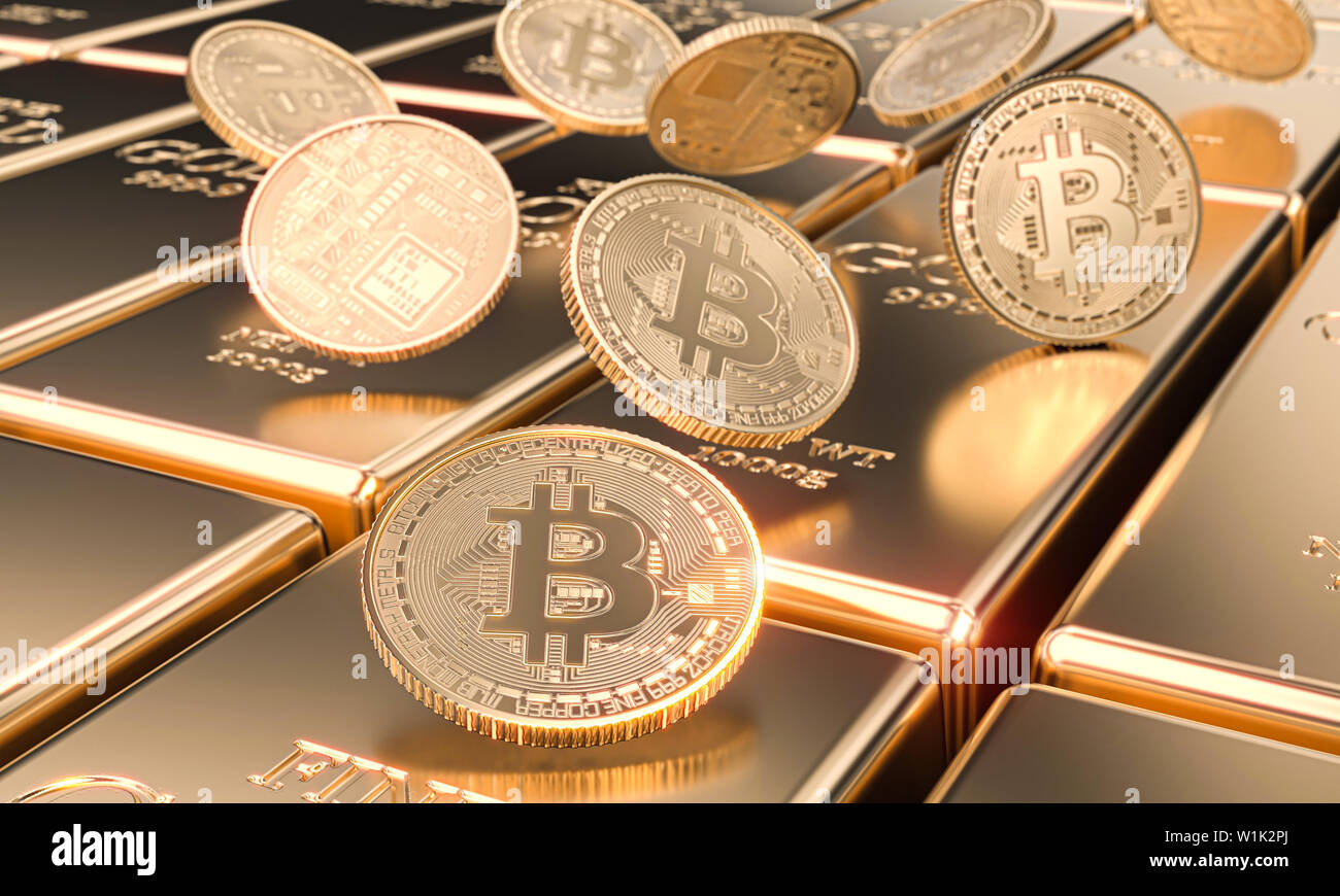 several bitcoin motes on gold bars, cryptocurrency and virtual finance concept. 3d image render Stock Photo