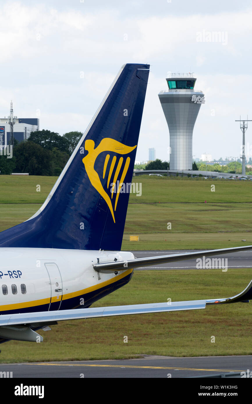 Tail of a Ryanair Sun Boeing 737-8AS at Birmingham Airport, UK (SP-RSP) Stock Photo