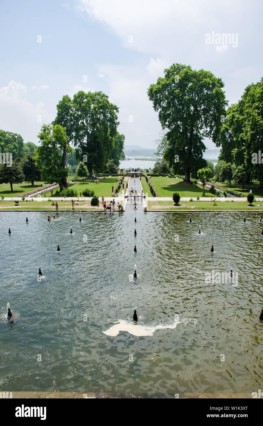 View of the Dal Lake and the entire garden from the top terrace of Nishat Bagh, Srinagar, Jammu and Kashmir, India Stock Photo