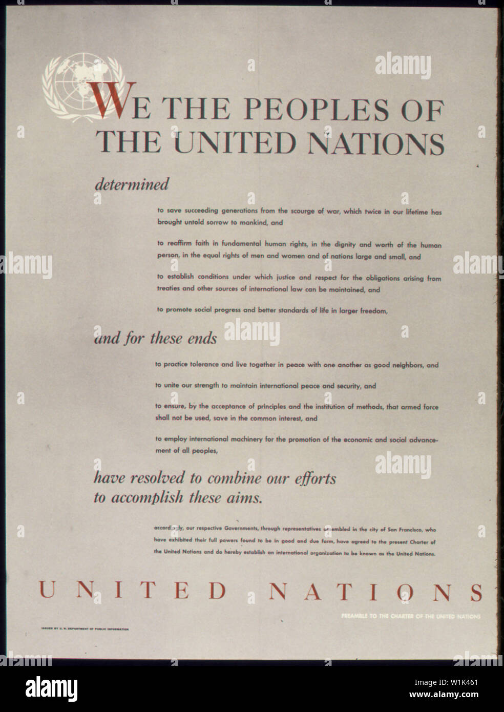 UNITED NATIONS - PREAMBLE TO THE CHARTER OF THE UNITED NATIONS Stock ...
