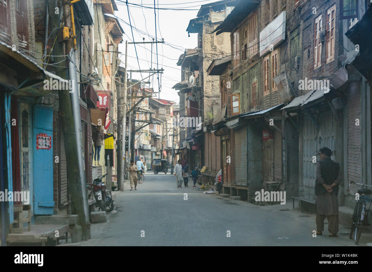 A street filled with abandoned Kashmiri Pandit houses at Habbakadal, Srinagar, Jammu and Kashmir, India Stock Photo