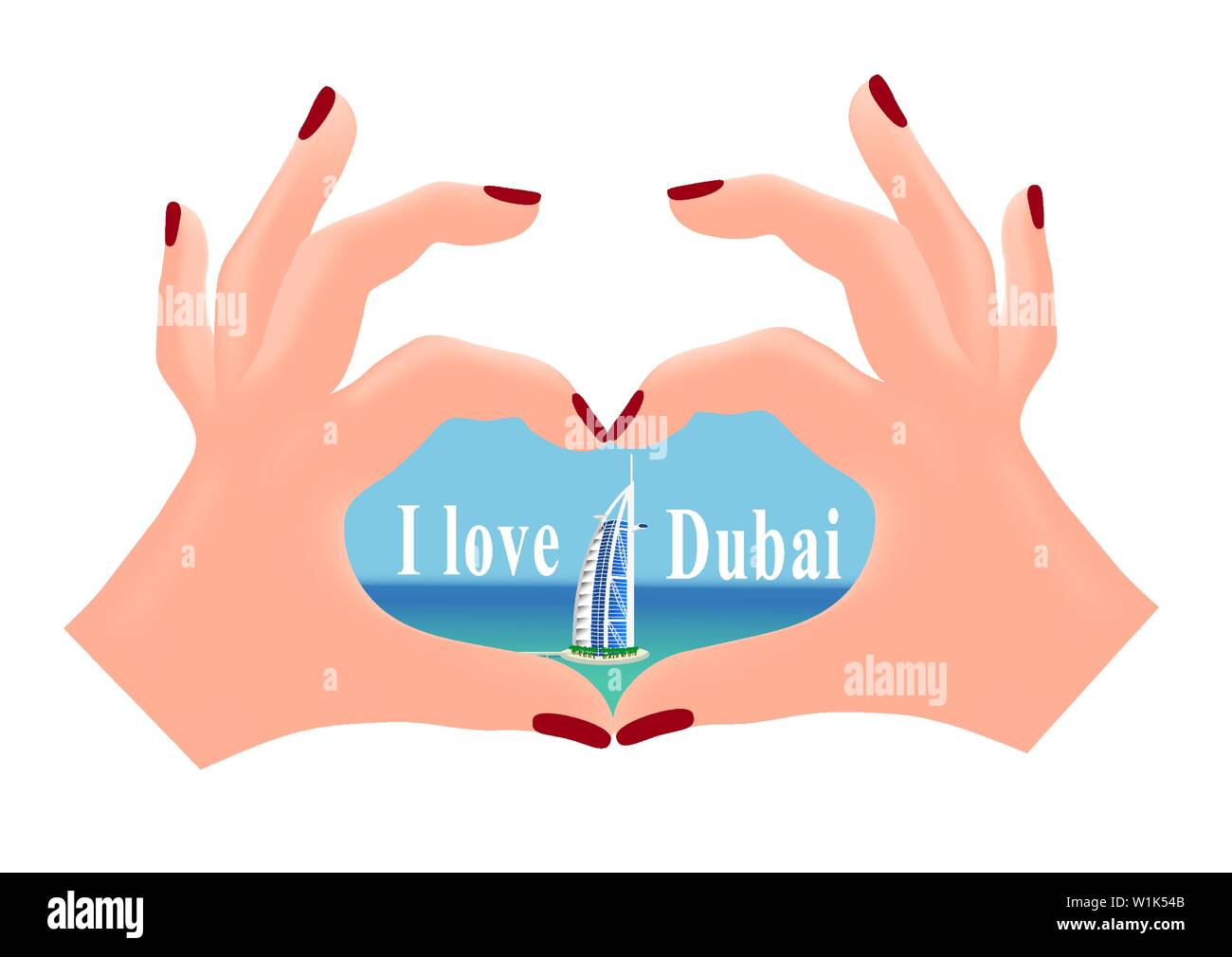 Hands in the shape of a heart show Burj Al Arab in Dubai. Isolated vector image with the ability to change text. Stock Vector