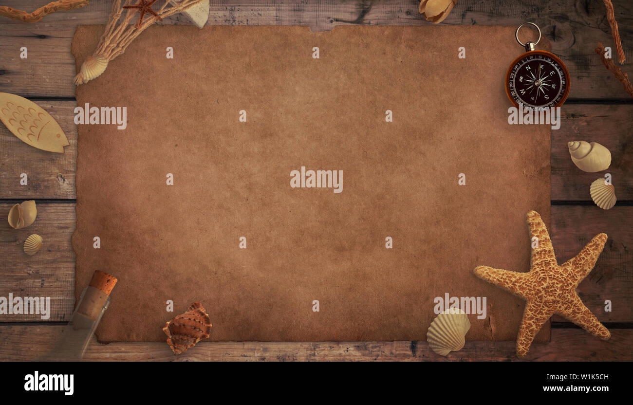 Download A Piece Of Old Paper On A Wooden Table Surrounded By Old Sea Things Top View Flat Lay Mockup Stock Photo Alamy PSD Mockup Templates