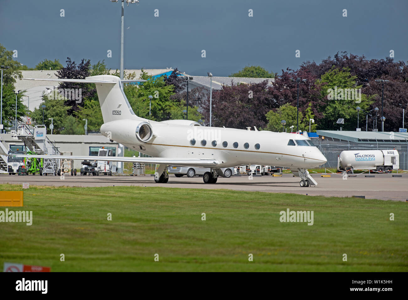 A US Government USAF C17 Gulfstream aircraft on a jUNE 2019 weekend stopover at  the Inverness Dalcross Airport in the Scottish Highlands. Stock Photo