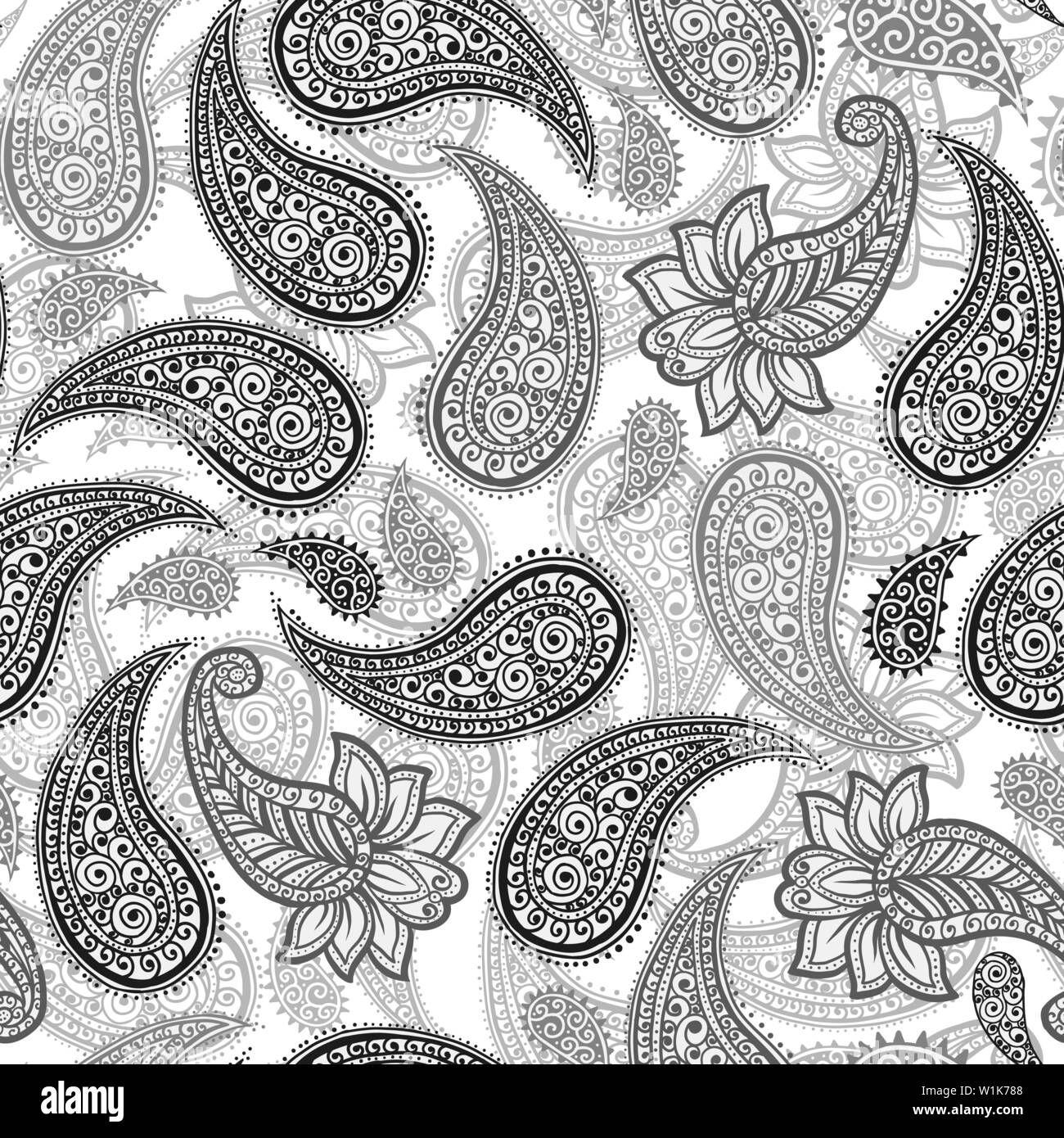 Black and Grey Magical Traditional Paisleys Seamless Pattern for wallpaper design or fabric textile printing Stock Vector