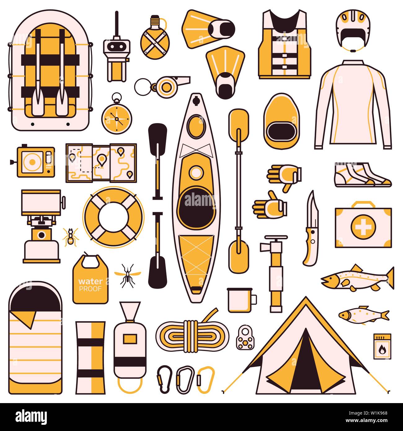 Rafting and Kayaking Design Elements in Line Art Stock Vector