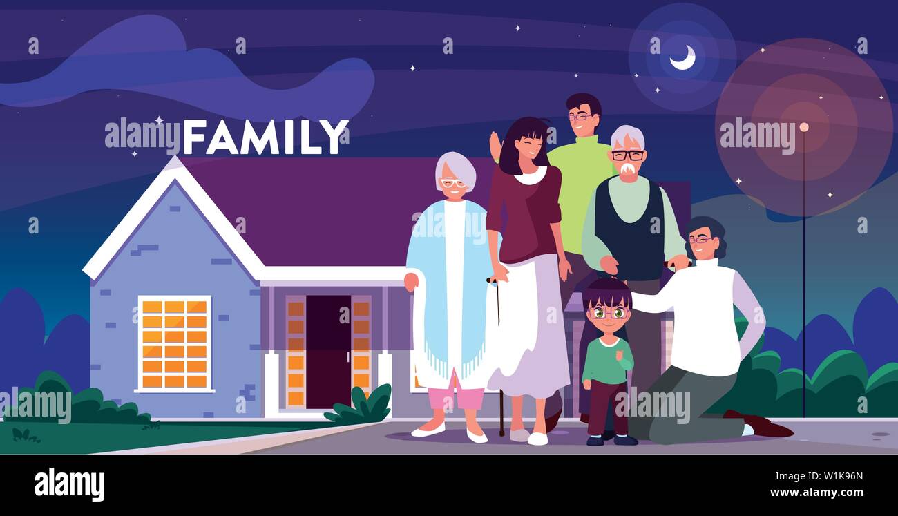 cute family with facade house in poster vector illustration design Stock Vector