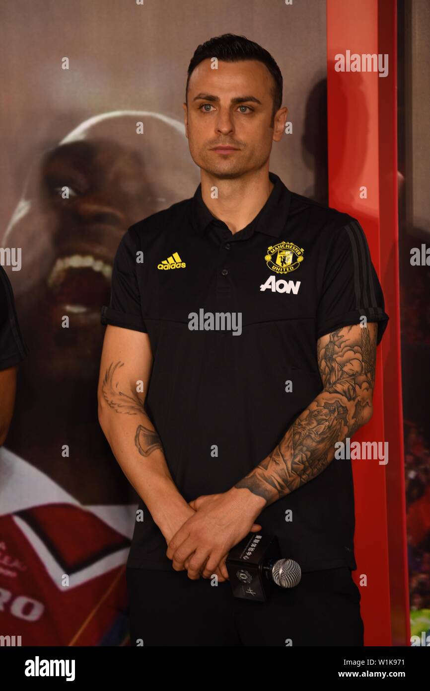 Bulgarian football player Dimitar Berbatov attends a promotional event at the first club-themed entertainment and experience center launched by Manchester United in Beijing, China, 3 July 2019. Stock Photo