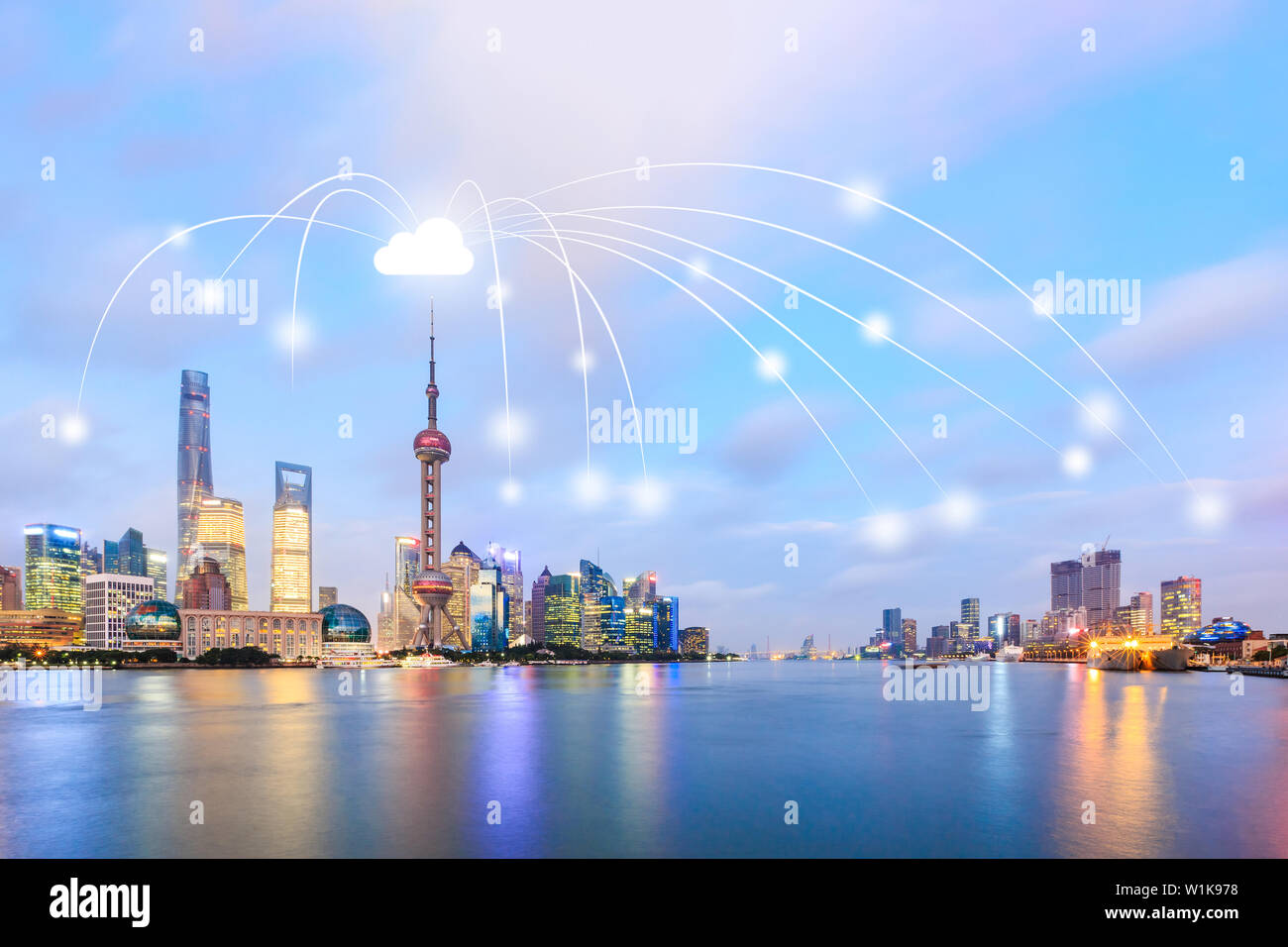 Modern city with wireless network connection concept,Shanghai Stock Photo