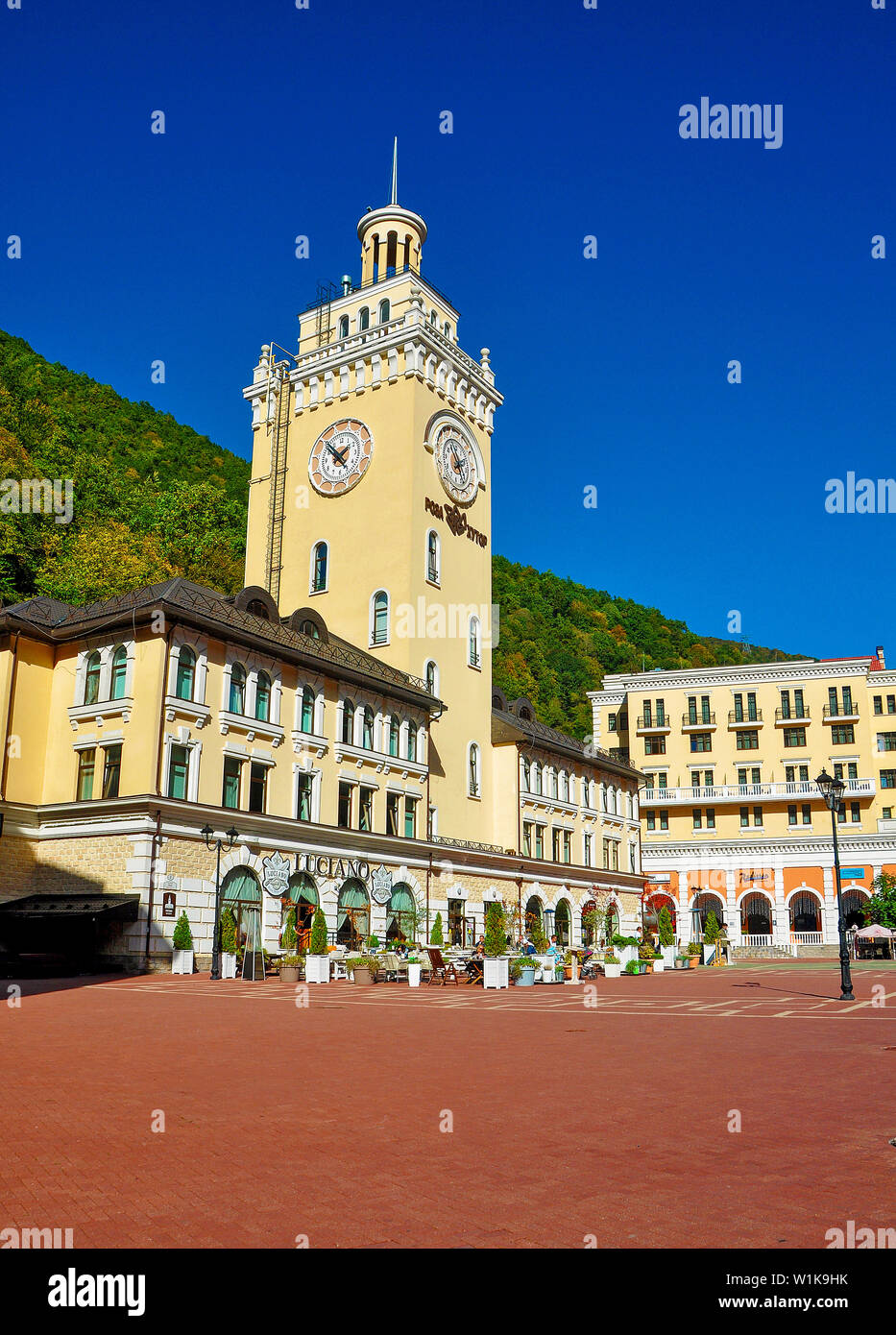 Sochi, Russia-October 13 2017-Town Hall clock on the Rose Farm Stock Photo