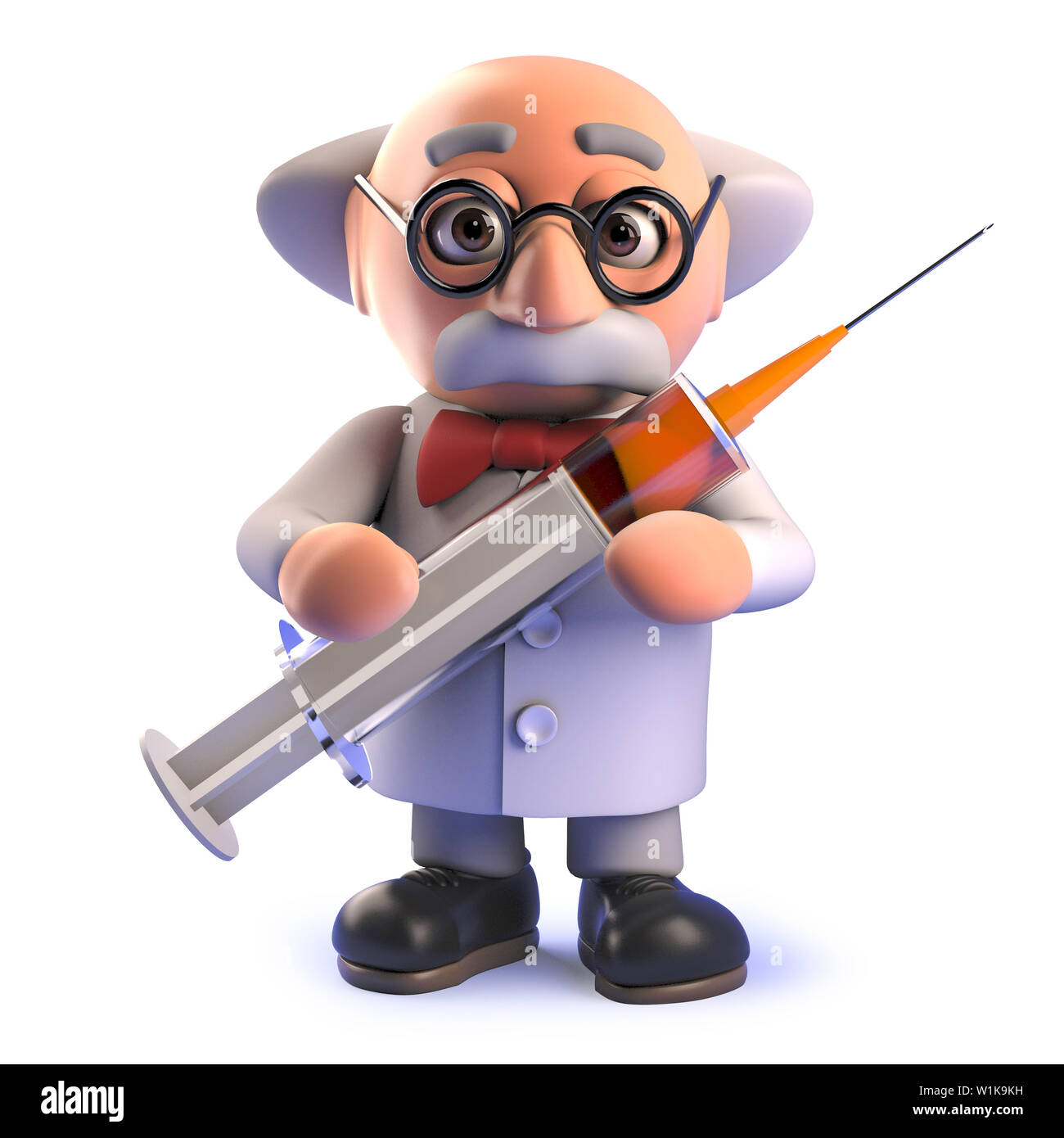 A rendered image of a crazy mad scientist in 3d holding a syringe full of drugs Stock Photo