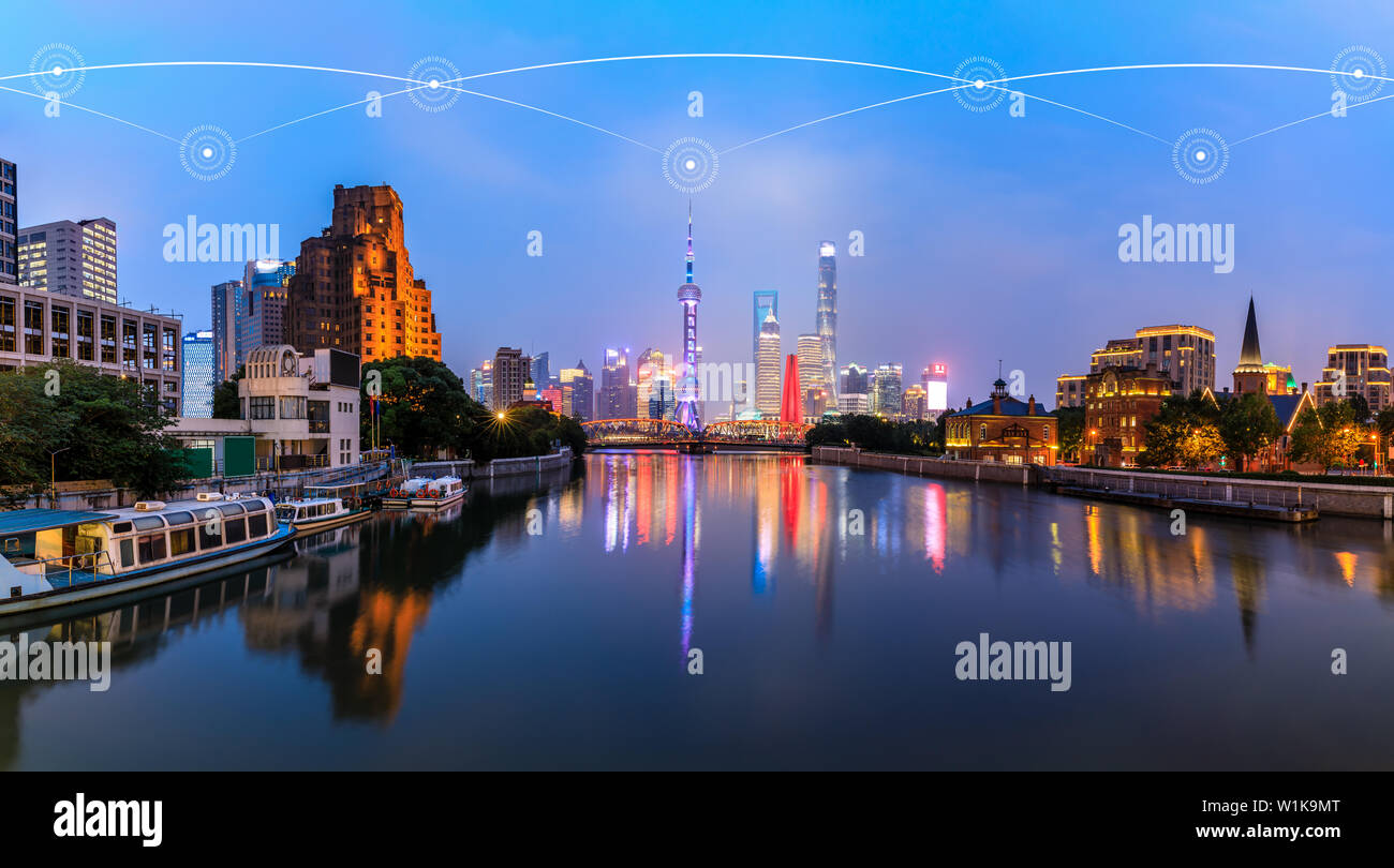 Modern city with wireless network connection concept,Shanghai Stock Photo