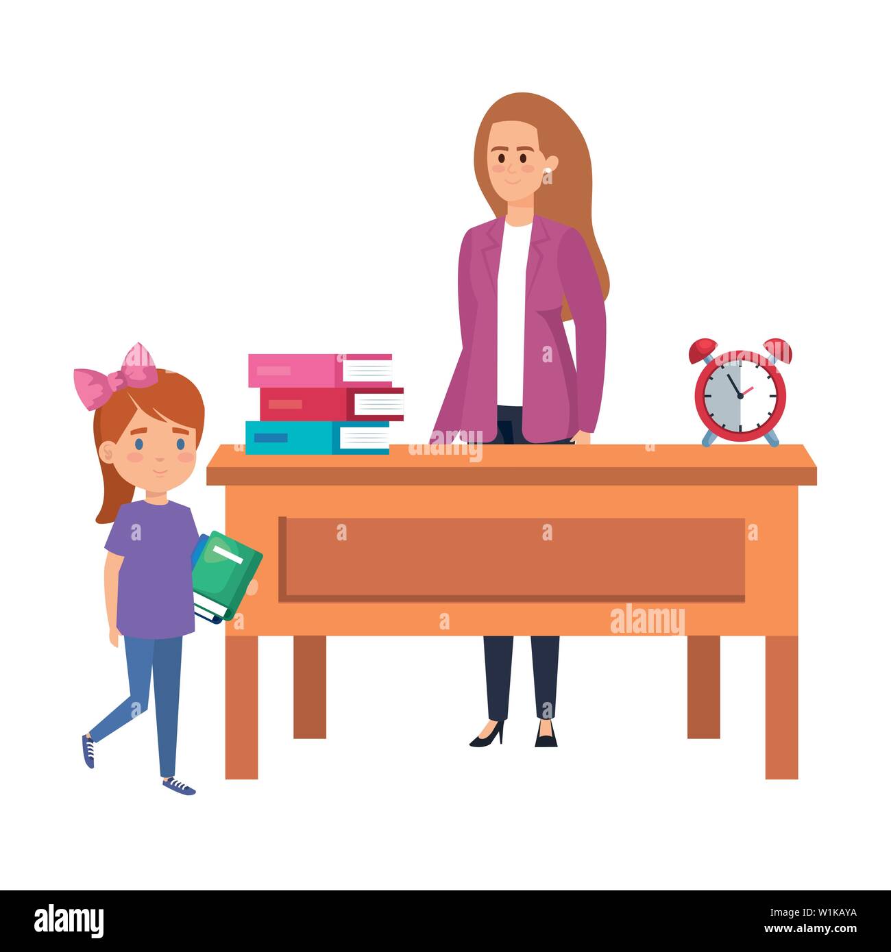Happy Student Girl With Female Teacher In Desk Stock Vector Art