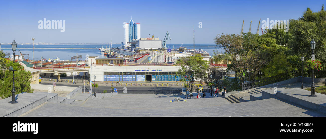 Passenger Terminal and Hotel Odessa in Odessa Sea Port view from the Potemkin Stairs, Odessa, Ukraine, Eastern Europe Stock Photo