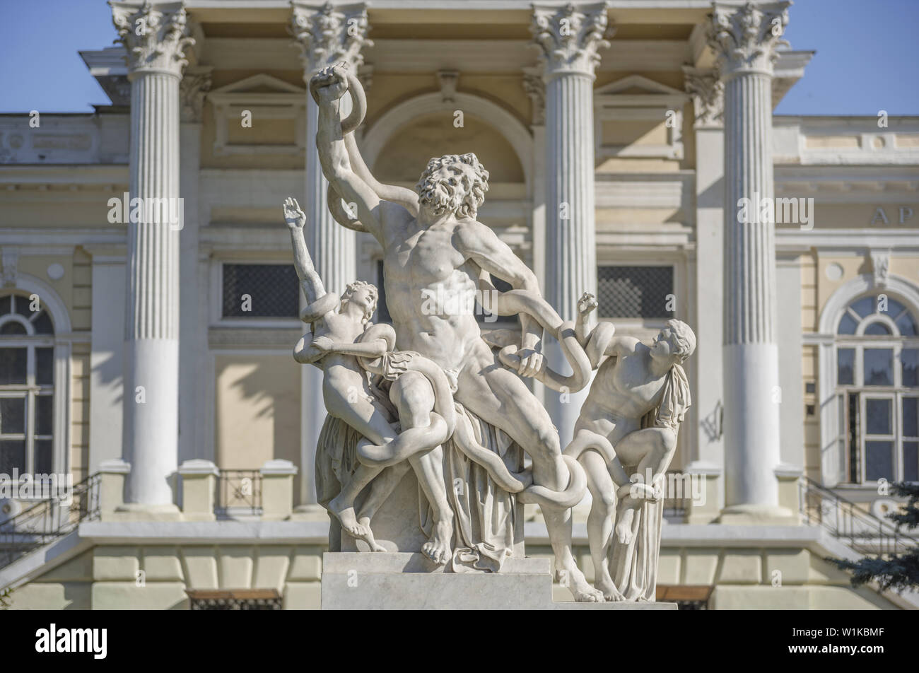 Marble sculptural group 'Laocoön and His Sons' on the background of the Odessa Archaeological Museum, Odessa, Ukraine, Eastern Europe Stock Photo