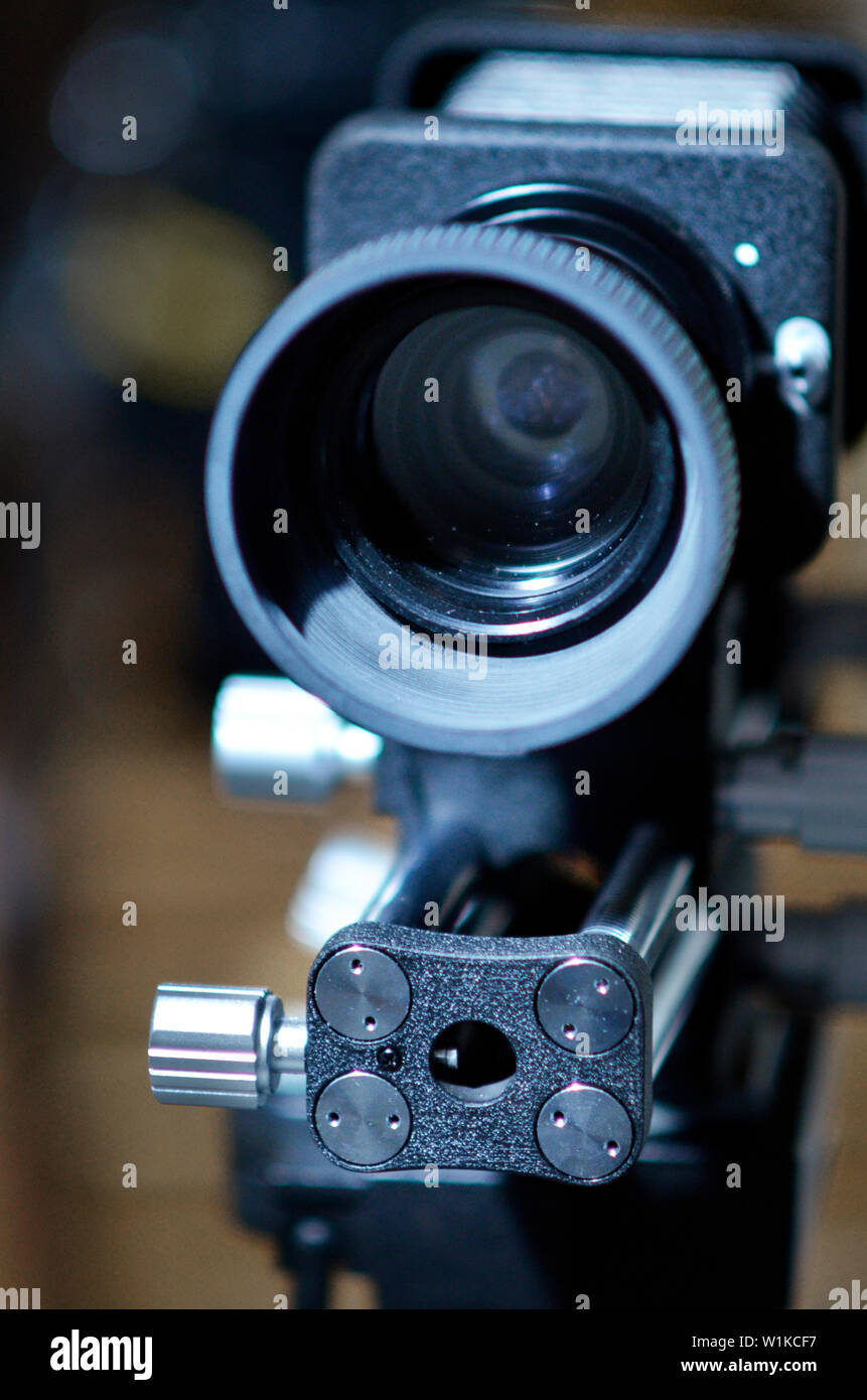 close up of camera bellows and close up lens Stock Photo