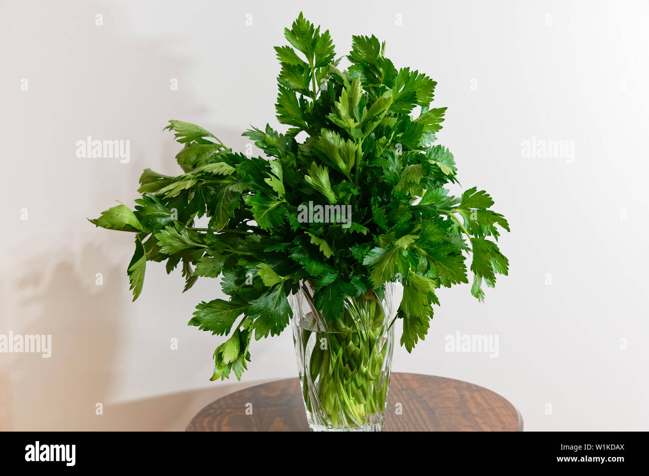 A bunch of celery in a crystal vase on a table Stock Photo Alamy