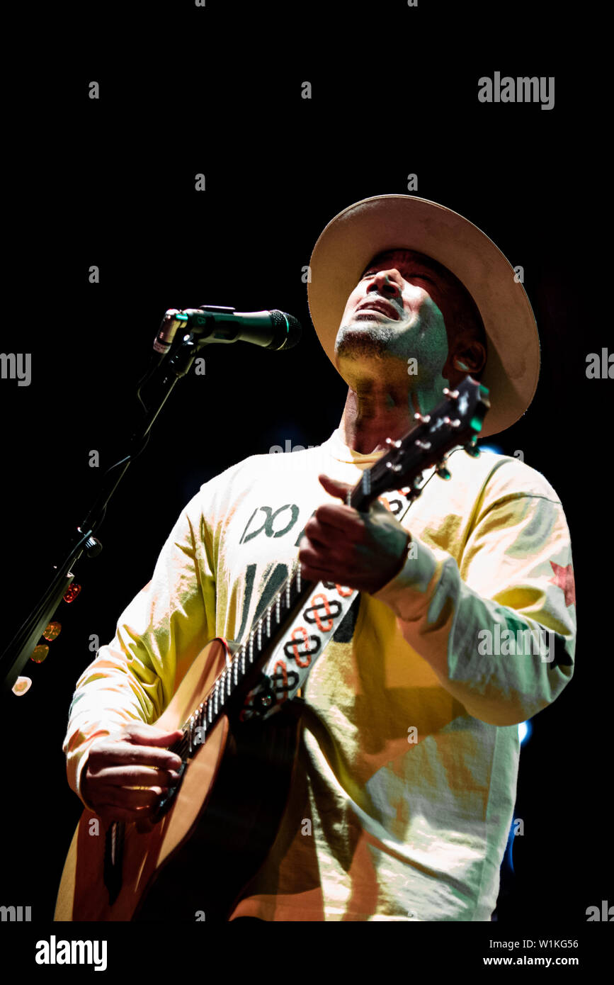 Ben Harper performing live on stage together with the Innocent Criminals at the Gruvillage Festival in Grugliasco, near Turin. Stock Photo