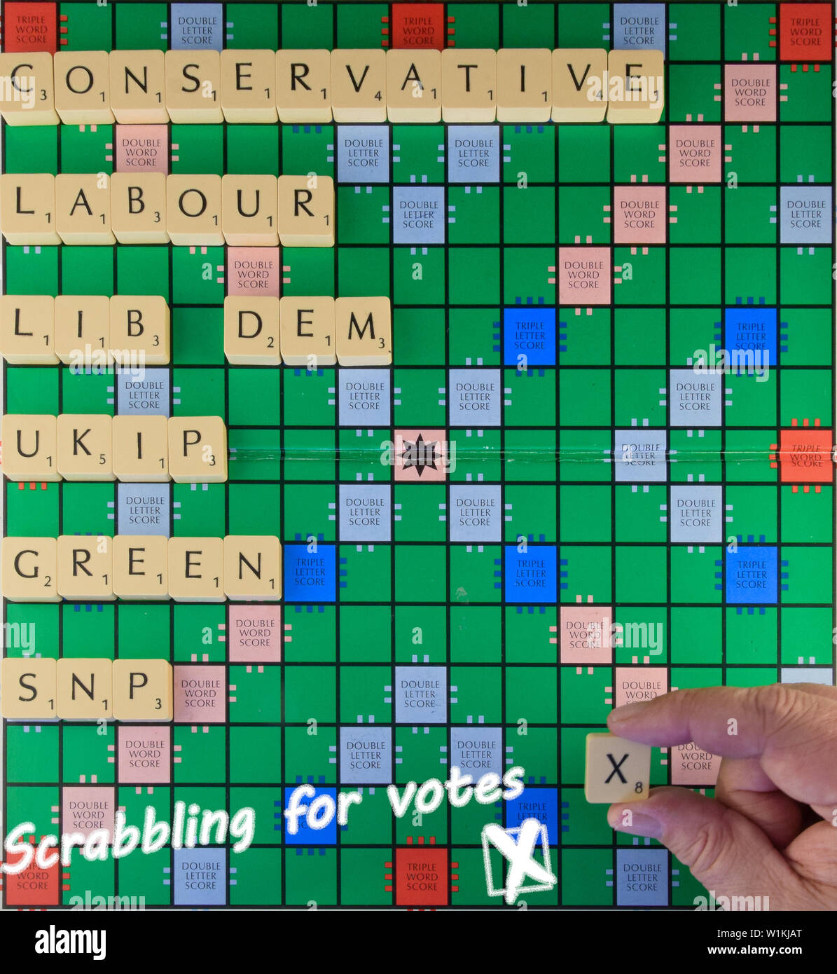 Reading, United Kingdom - May 02 2015:   An image illustrating the voting decision in a UK election using the Mattel game Scrabble Stock Photo