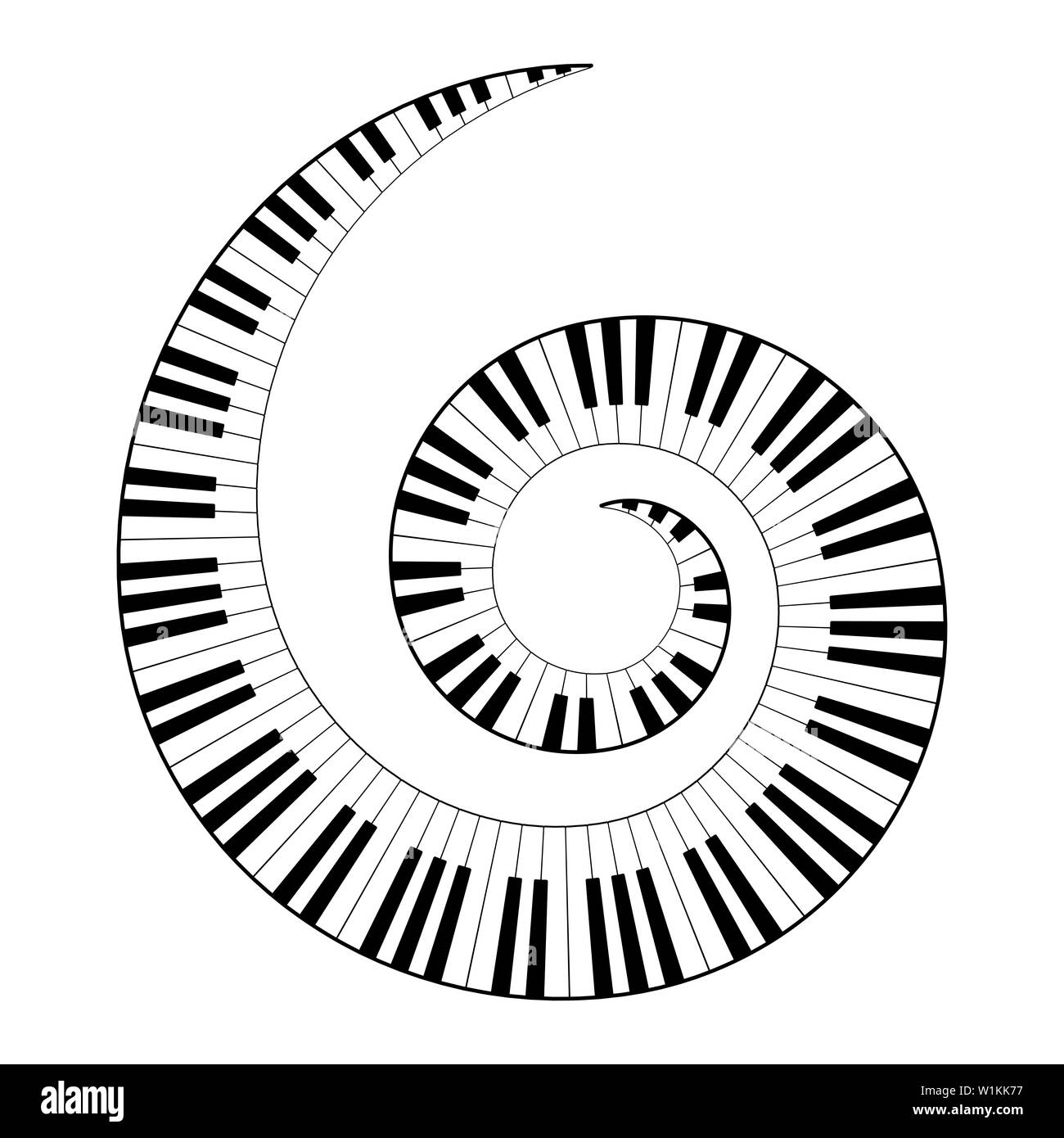 Musical keyboard spiral, constructed from octave patterns, black and white piano keyboard keys, shaped into repeated motif. Illustration. Stock Photo