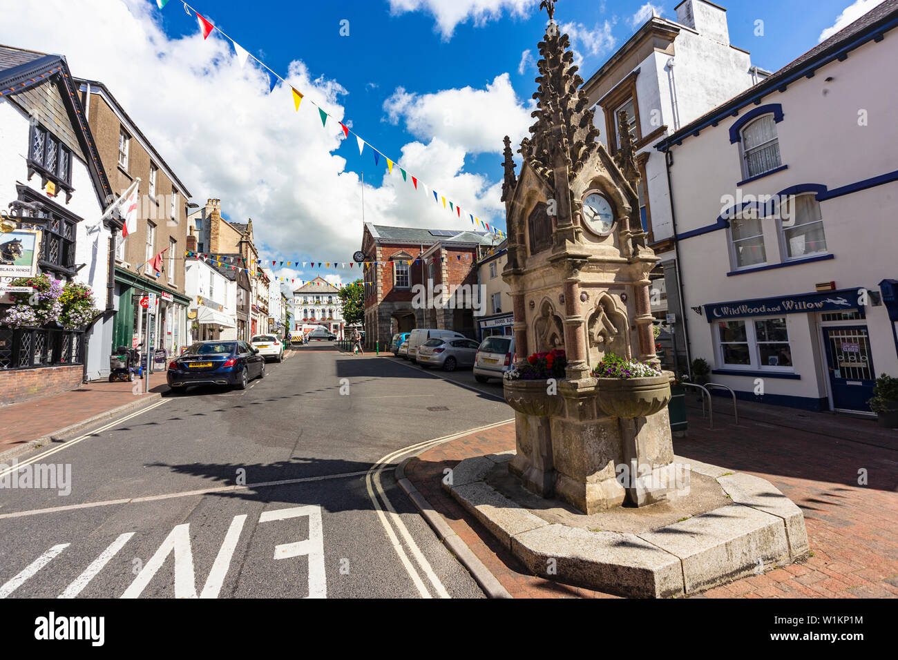 Clock Tower and a Quiet Great Torrington Town Square in Summer With