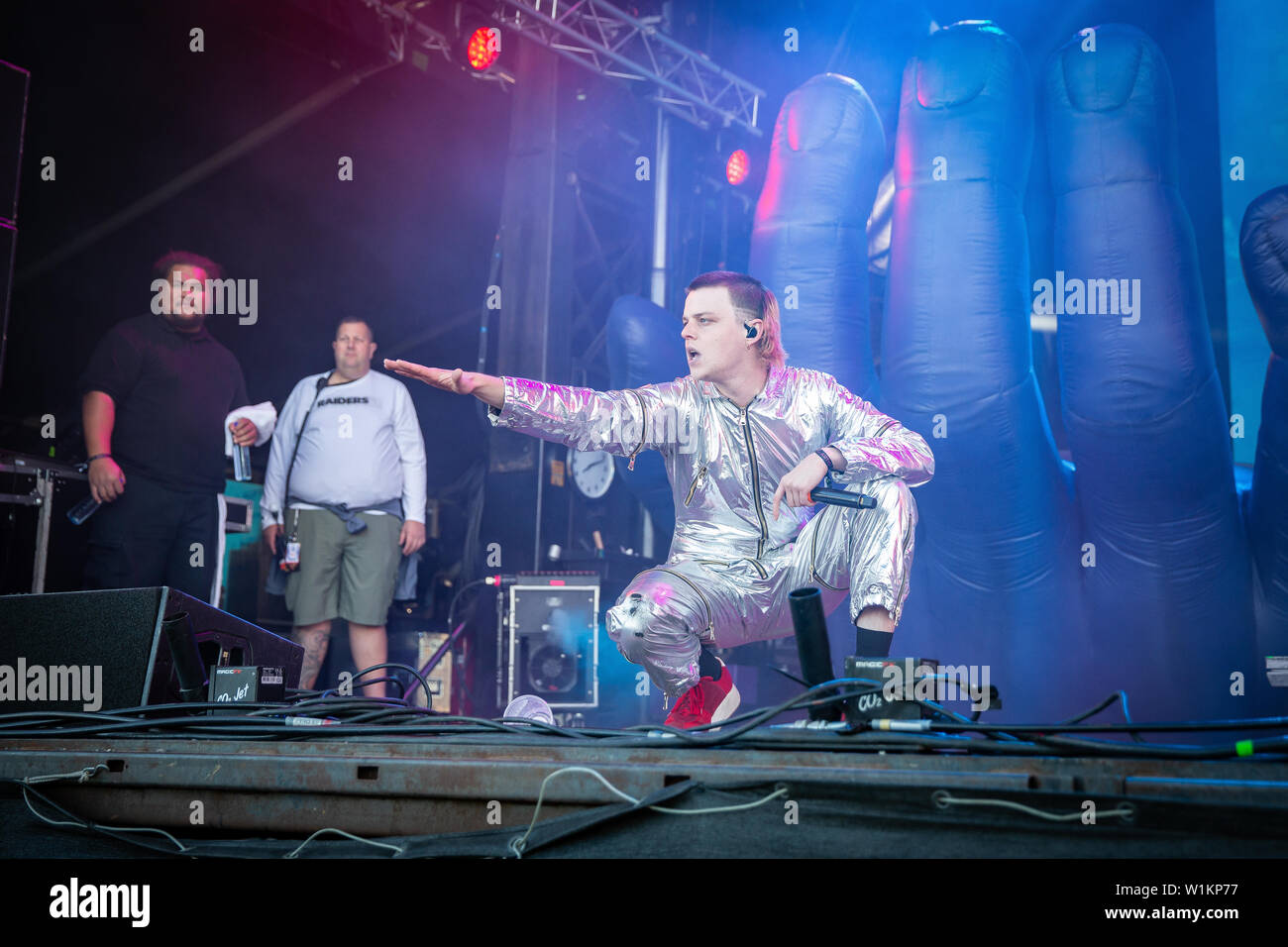 Sandvika, Norway - July 02, 2019.The American rap group Brockhampton performs a live concert during the Norwegian music festival Kardetten 2019 in Sandvika. Here rapper Joba is seen live on stage. (Photo credit: Gonzales Photo - Tord Litleskare). Stock Photo