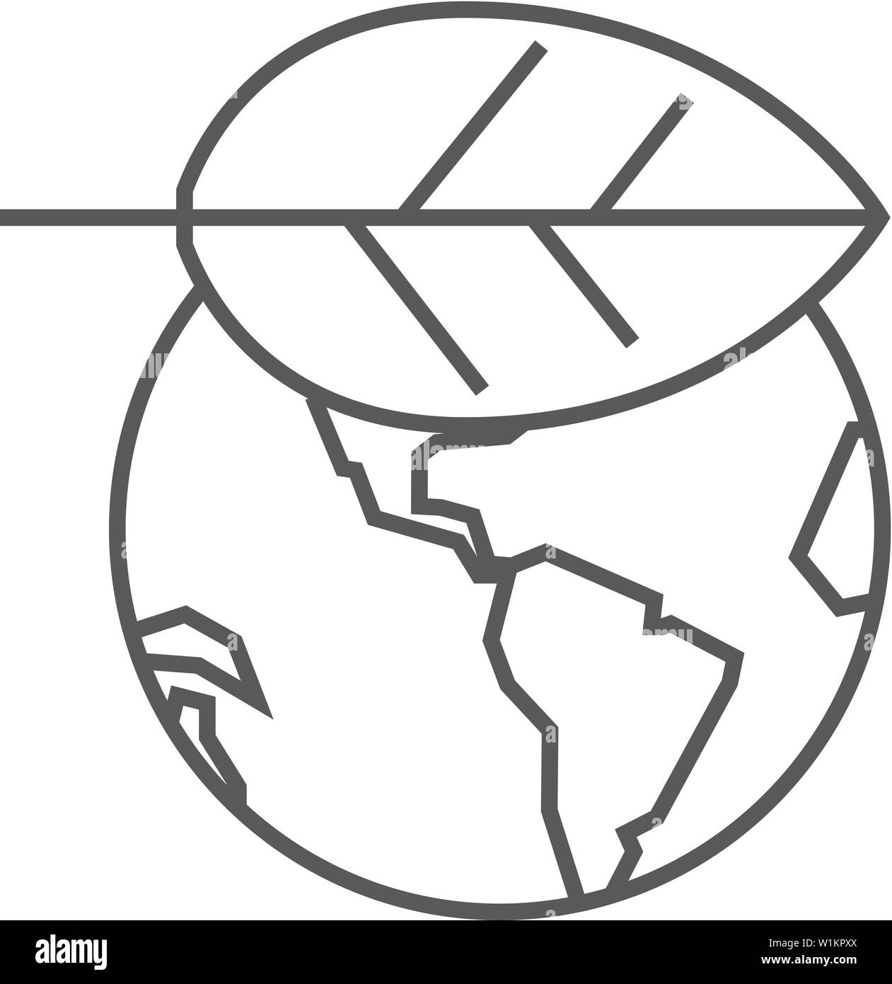 Globe with leaf icon in thin outline style. Earth protection ...