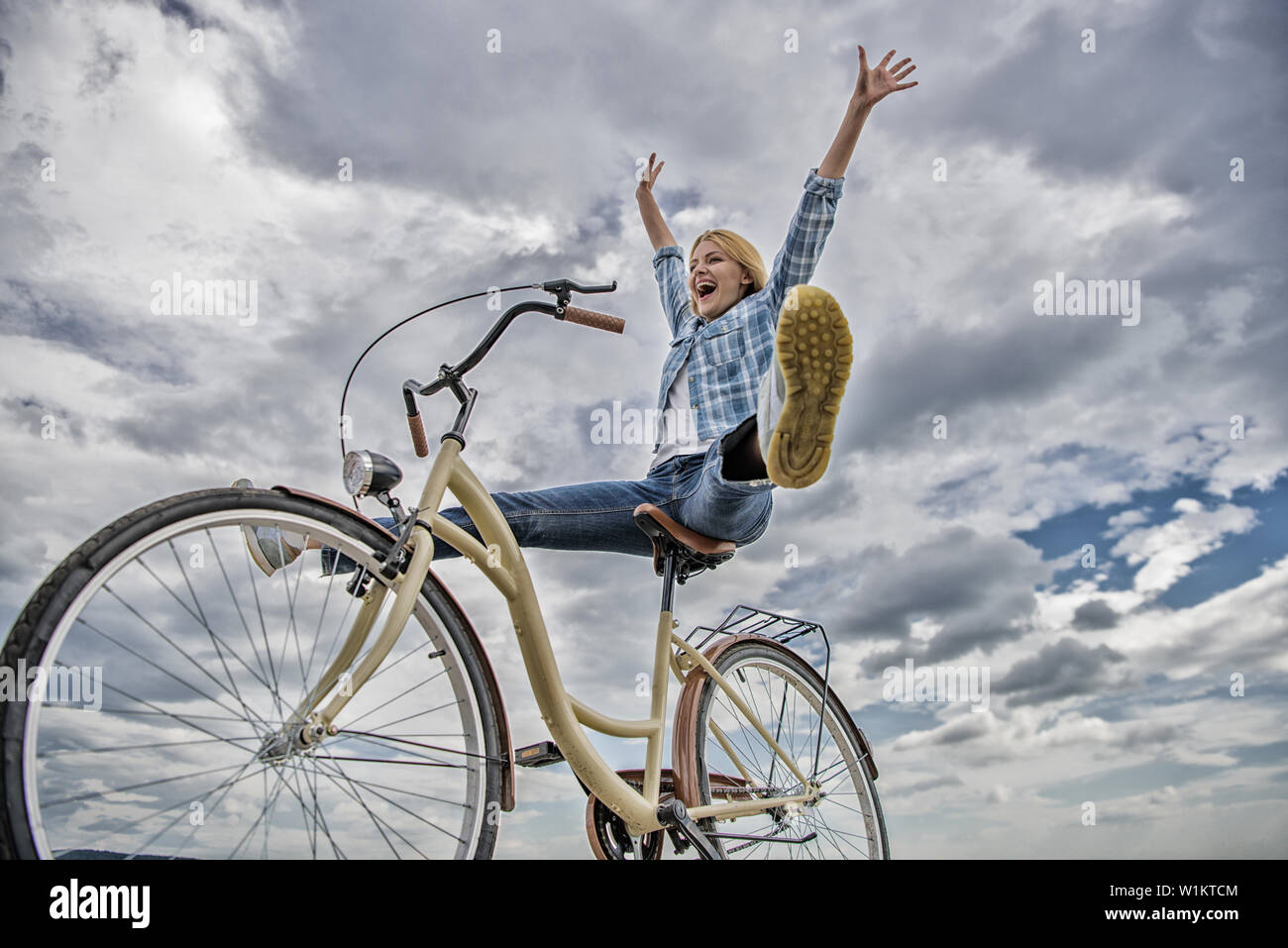 Woman Feels Happy While Enjoy Cycling Girl Rides Bicycle Sky Background How Cycling Changes Your Life And Make You Happy Reasons To Ride Bicycle Mental Health Benefits Pedaling Towards Happiness Stock Photo Woman Feels Happy While Enjoy Cycling Girl Rides Bicycle Sky Background How Cycling Changes Your Life And Make You Happy Reasons To Ride Bicycle Mental Health Benefits Pedaling Towards Happiness Stock Photo