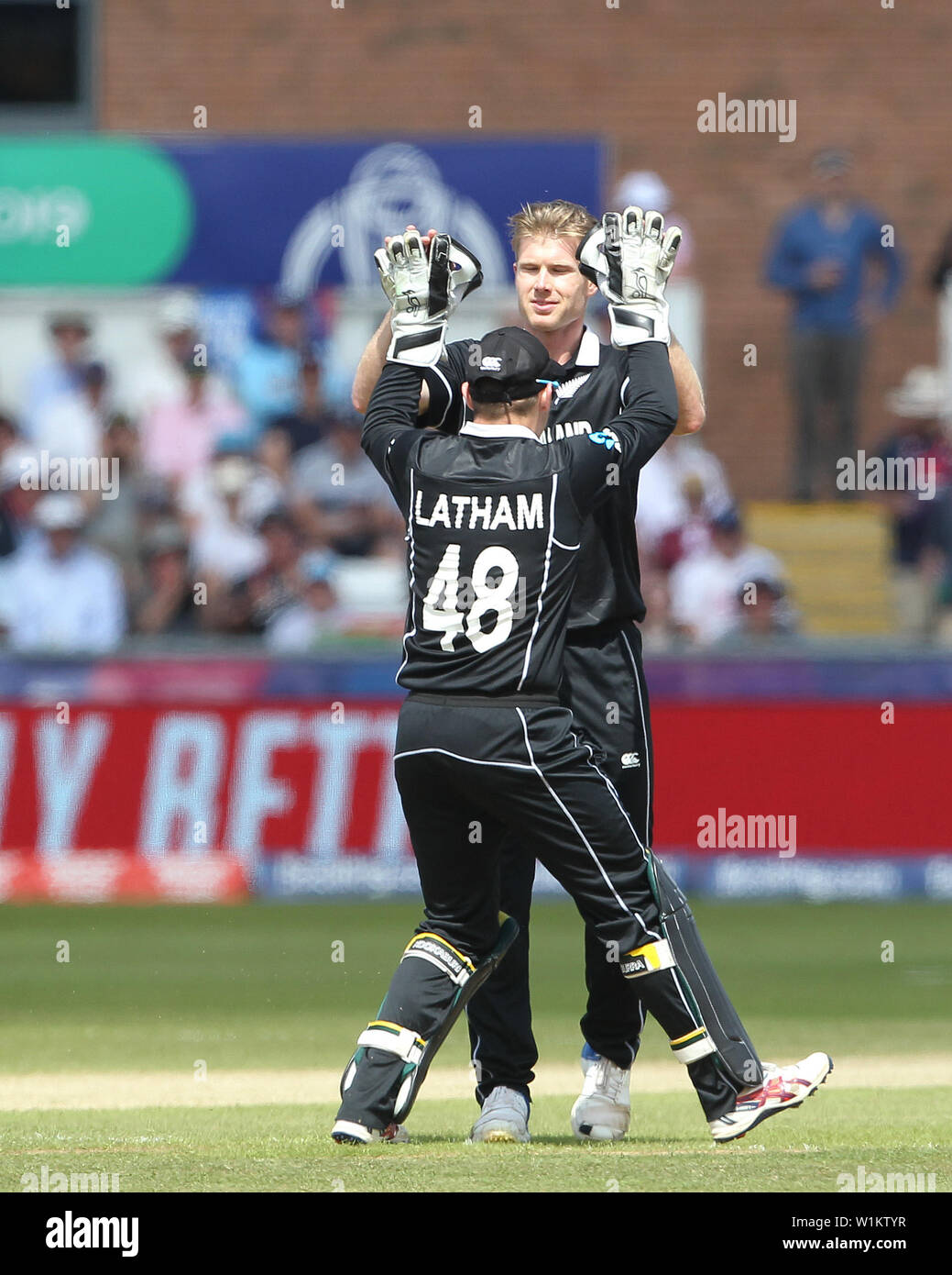 Chester le Street, Co Durham, UK. 3rd July 2019. New Zealand's James Neesham and Tom Latham celebrates after Neesham claimed the wicket of Jason Roy during the ICC Cricket World Cup 2019 match between England and New Zealand at Emirates Riverside, Chester le Street on Wednesday 3rd July 2019. (Credit: Mark Fletcher | MI News) Credit: MI News & Sport /Alamy Live News Stock Photo