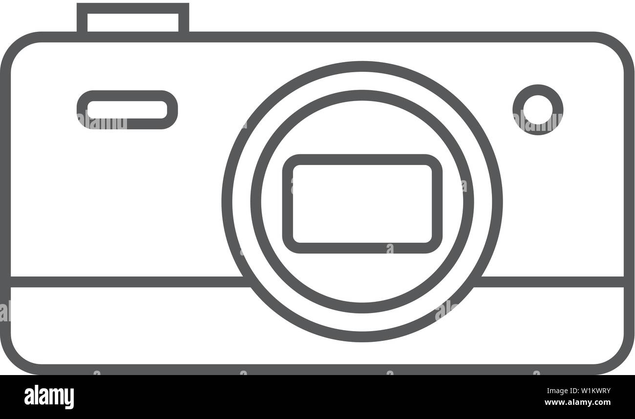 Camera icon in thin outline style. Photography picture electronic imaging pocket compact affordable cheap Stock Vector