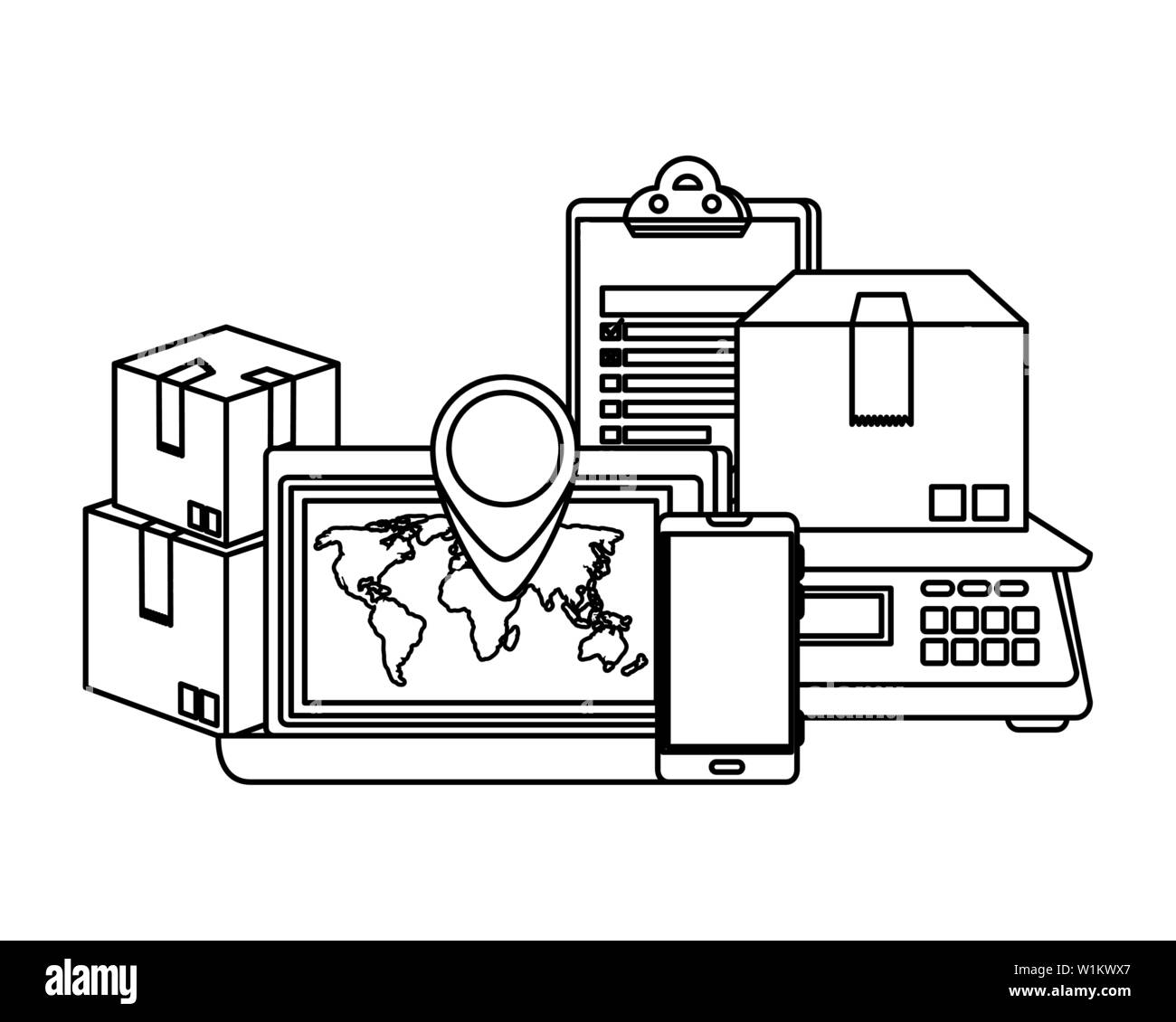 laptop computer with delivery service icons Stock Vector