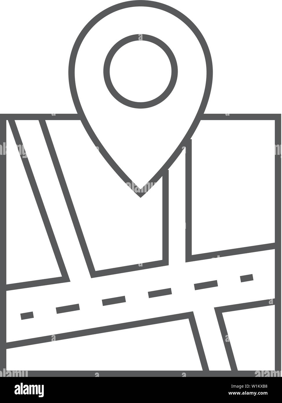 Road map icon with pin location in thin outline style Stock Vector