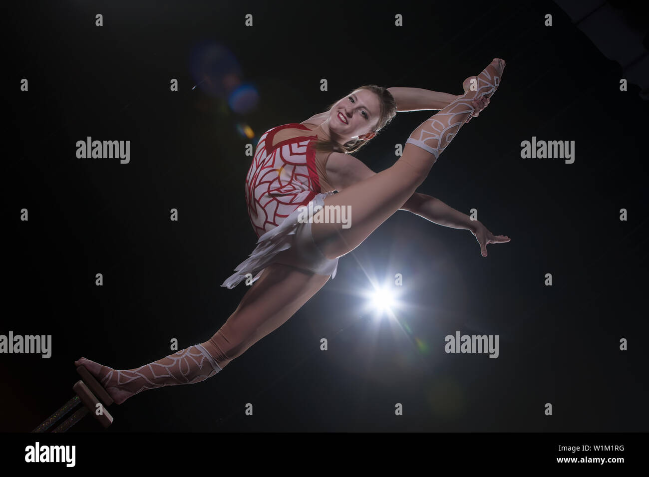 Circus actress performs the number in a beautiful smoke. Manual