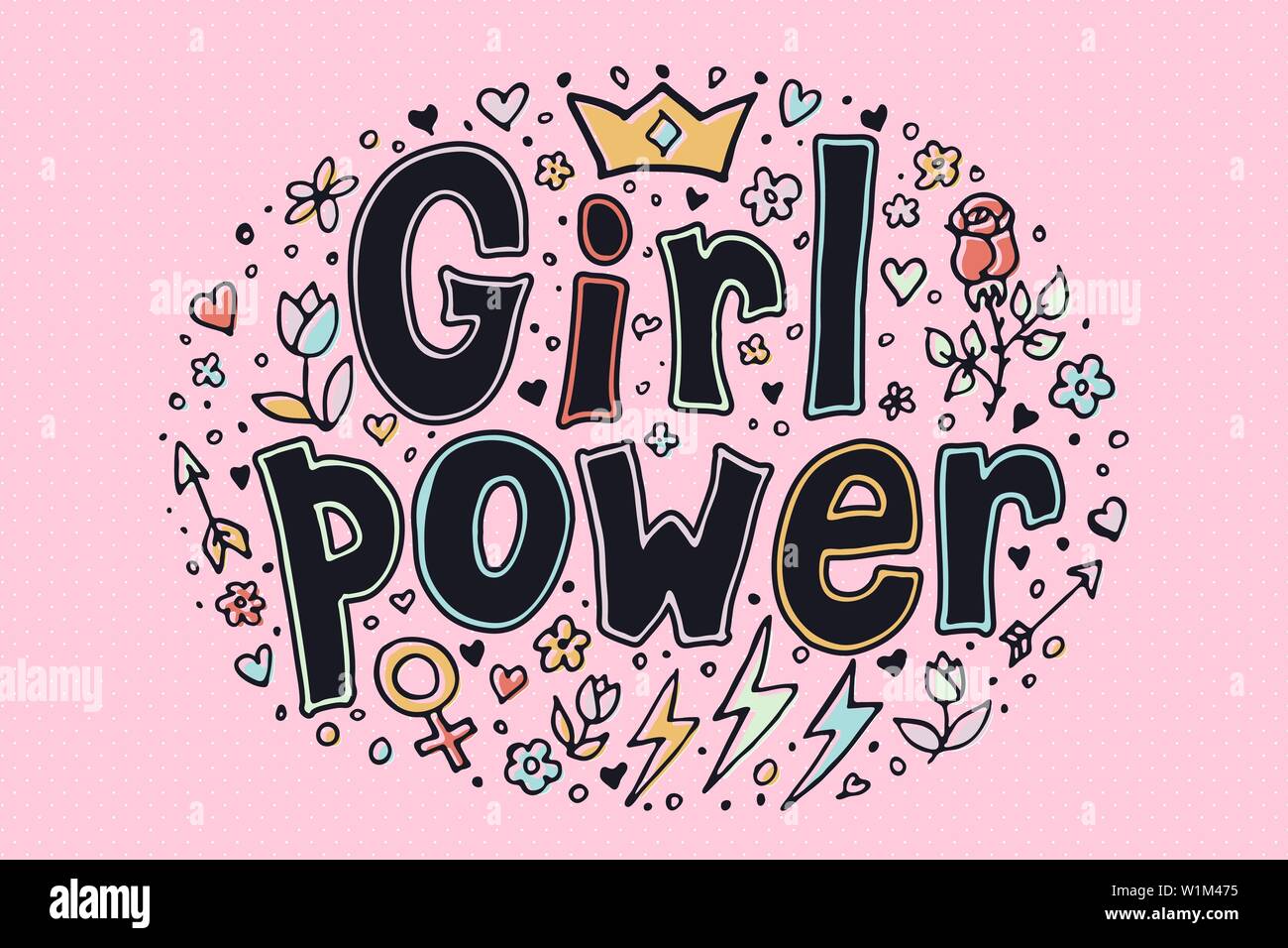Girl power quote. Grl pwr hand drawn set. Feminism lettering. Female symbols. Vector pop art illustration. Can be used as print for poster, t shirt, postcard. Stock Vector