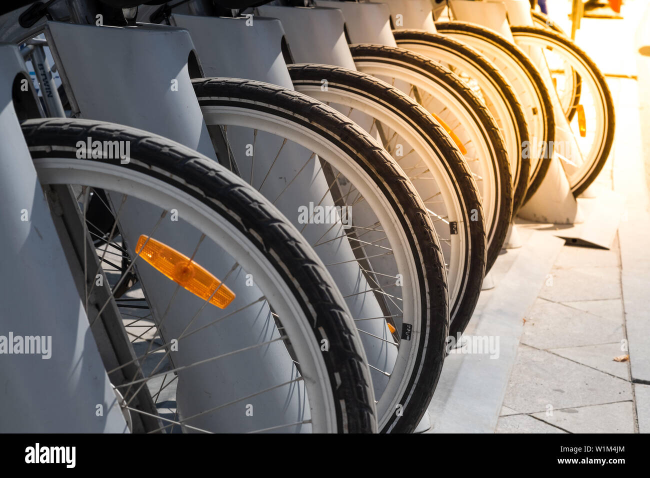 description: Wheels of parked bikes in the bike rental Parking lot.Bike hire pick up station.Rent a bike cheaply.Bicycle wheel in the perspective of t Stock Photo