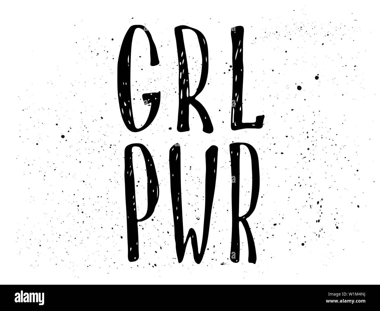 Girl power black and white quote. Grl pwr, feminism lettering. Womens right. Female symbols. Vector hand drawn illustration. Can be used as print for poster, t shirt, postcard. Stock Vector