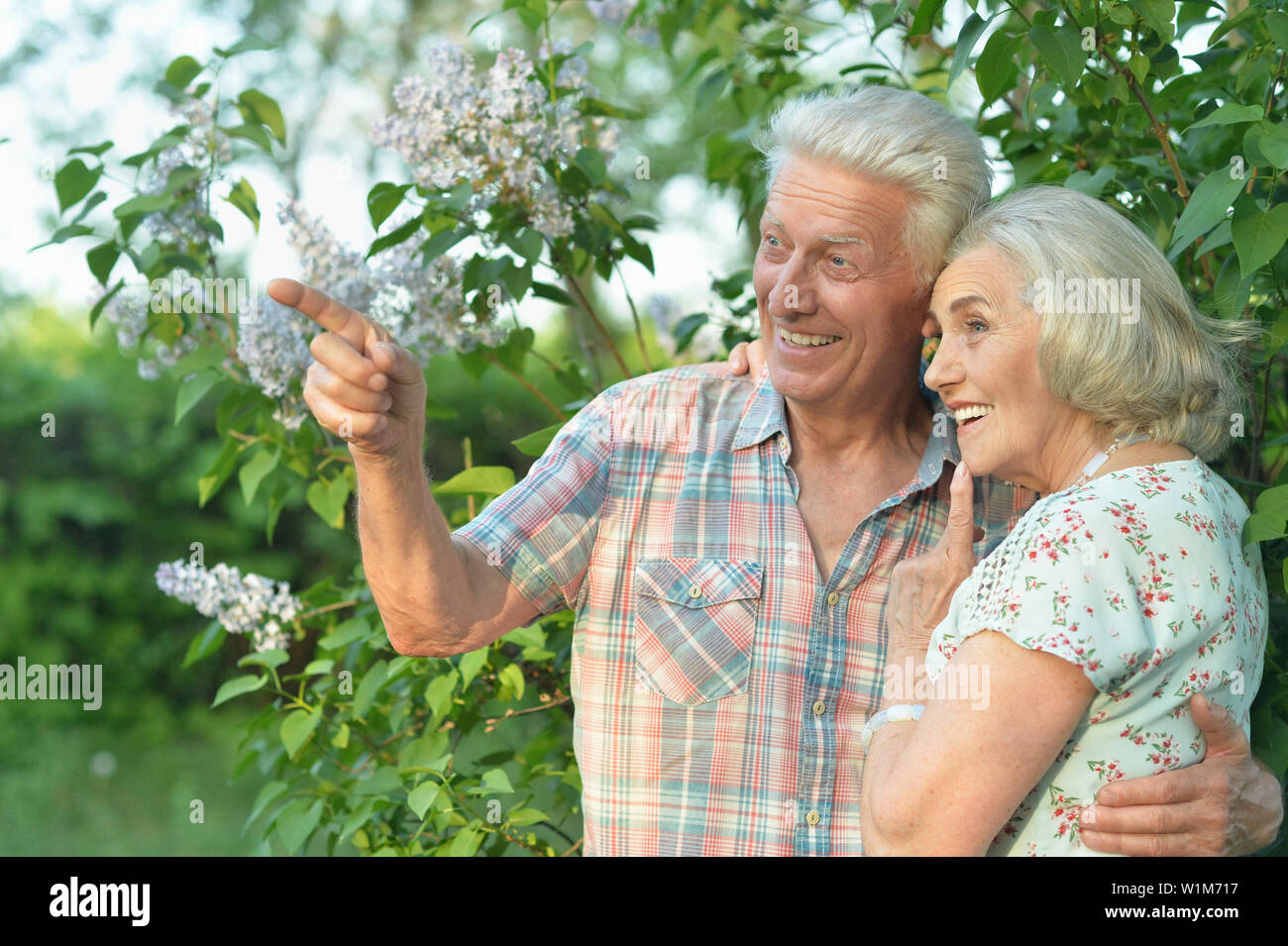 Beautiful senior couple posing in the summer park Stock Photo - Alamy