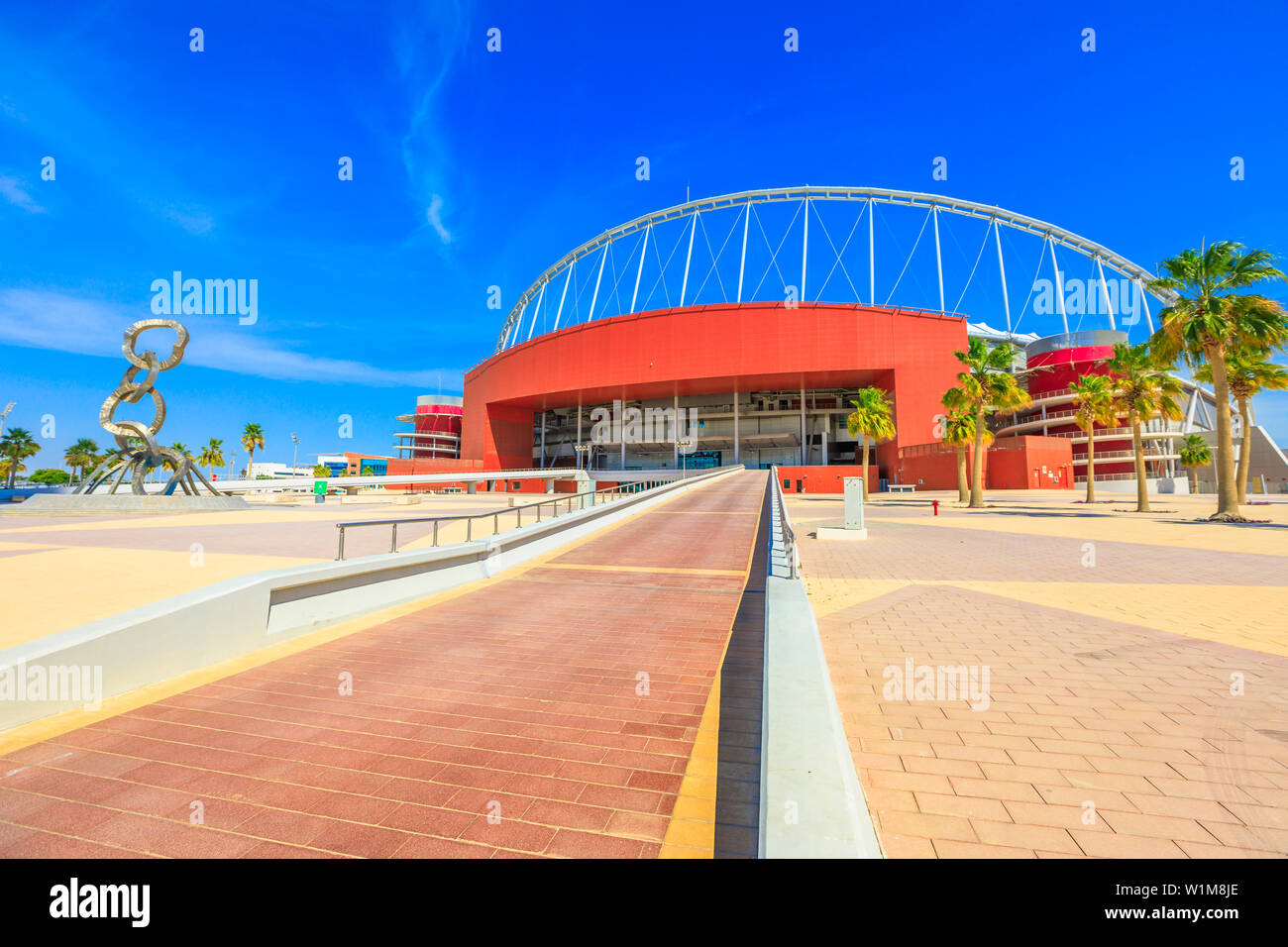 Doha, Qatar - February 21, 2019: entrance of Khalifa National Stadium, completed, renovated, covered with air conditioning, main stadium of Qatar in Stock Photo